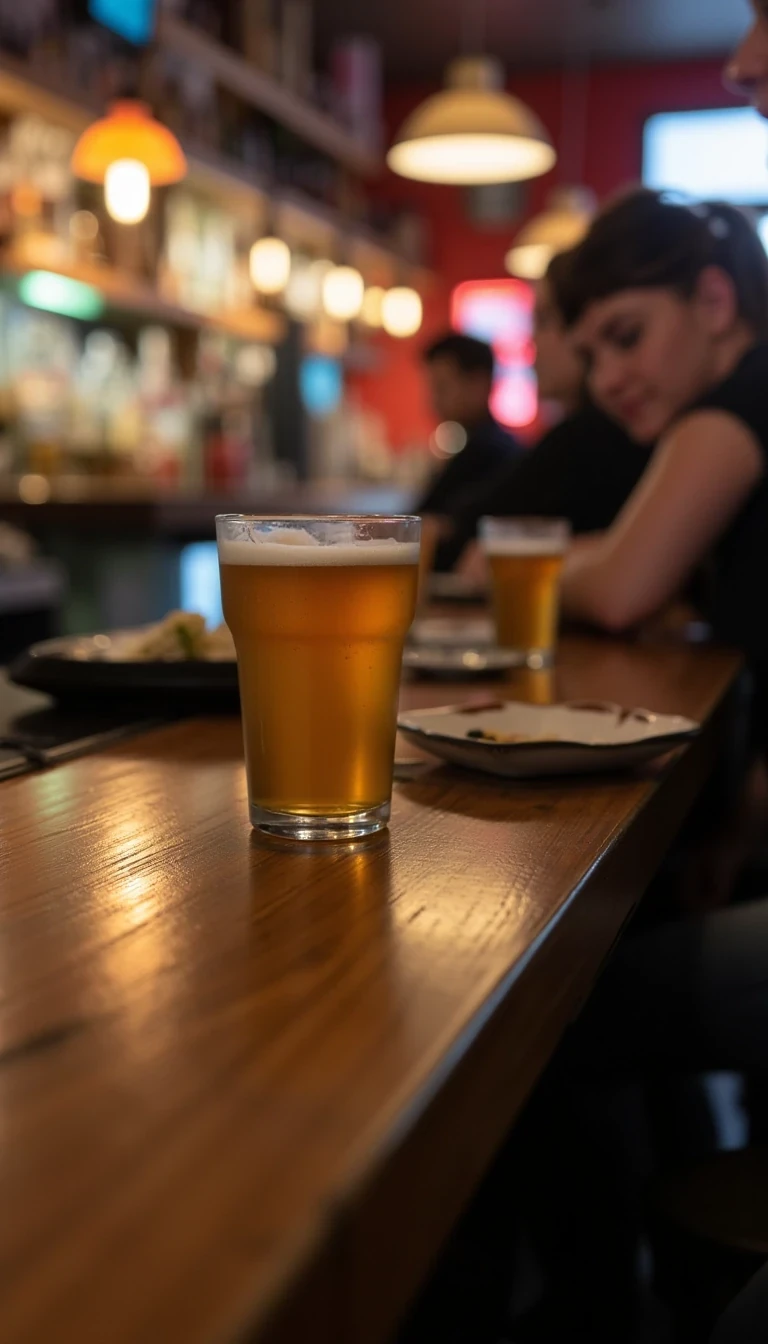 Seating in a bar drinking a beer with people on background 
