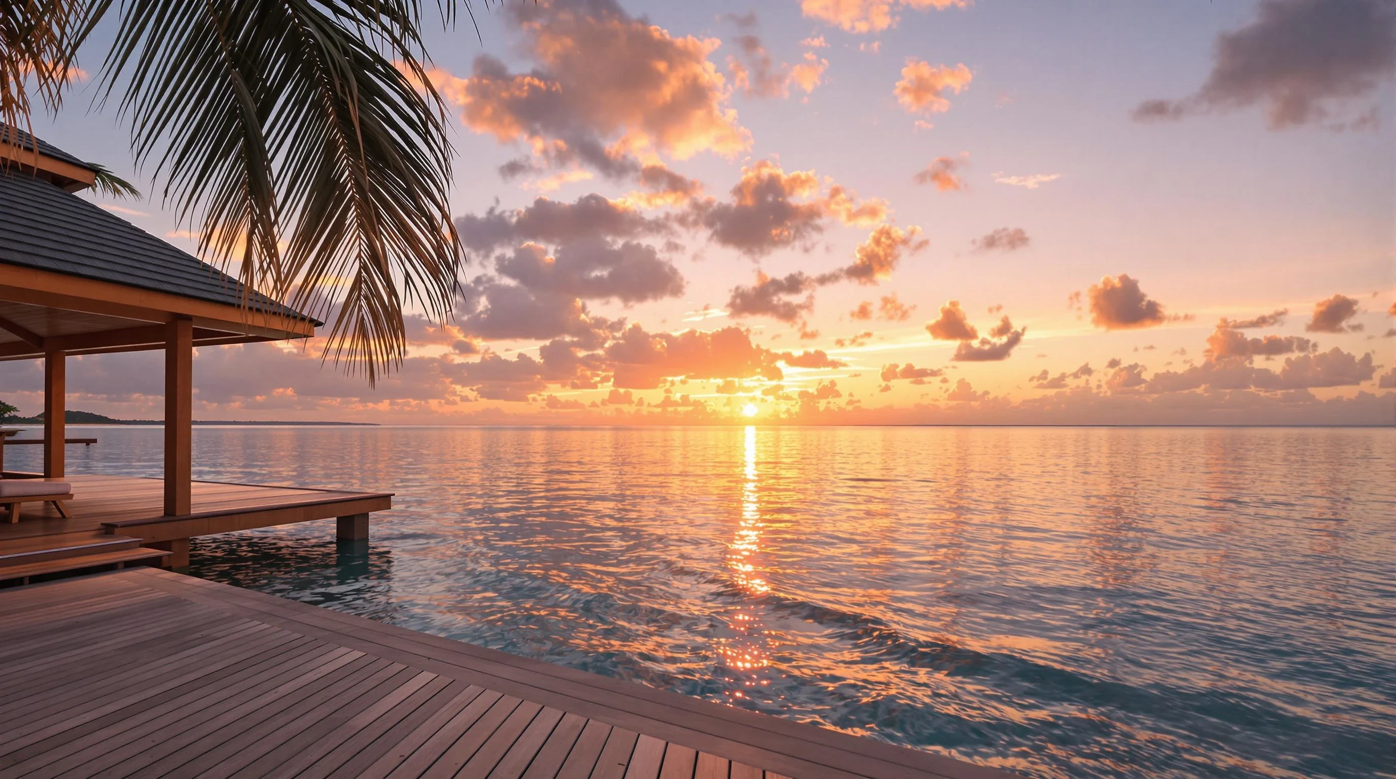 "A realistic tropical beach at sunset with soft golden light reflecting on calm water. A relaxed atmosphere with a glowing horizon, gentle waves, and a warm sky in tones of orange, pink, and purple. A modern wooden deck or beach hut partially in frame, some soft shadows from palm trees. Peaceful, cinematic mood. 4K ultra detailed photo-realistic. Empty space on the right for text overlay."