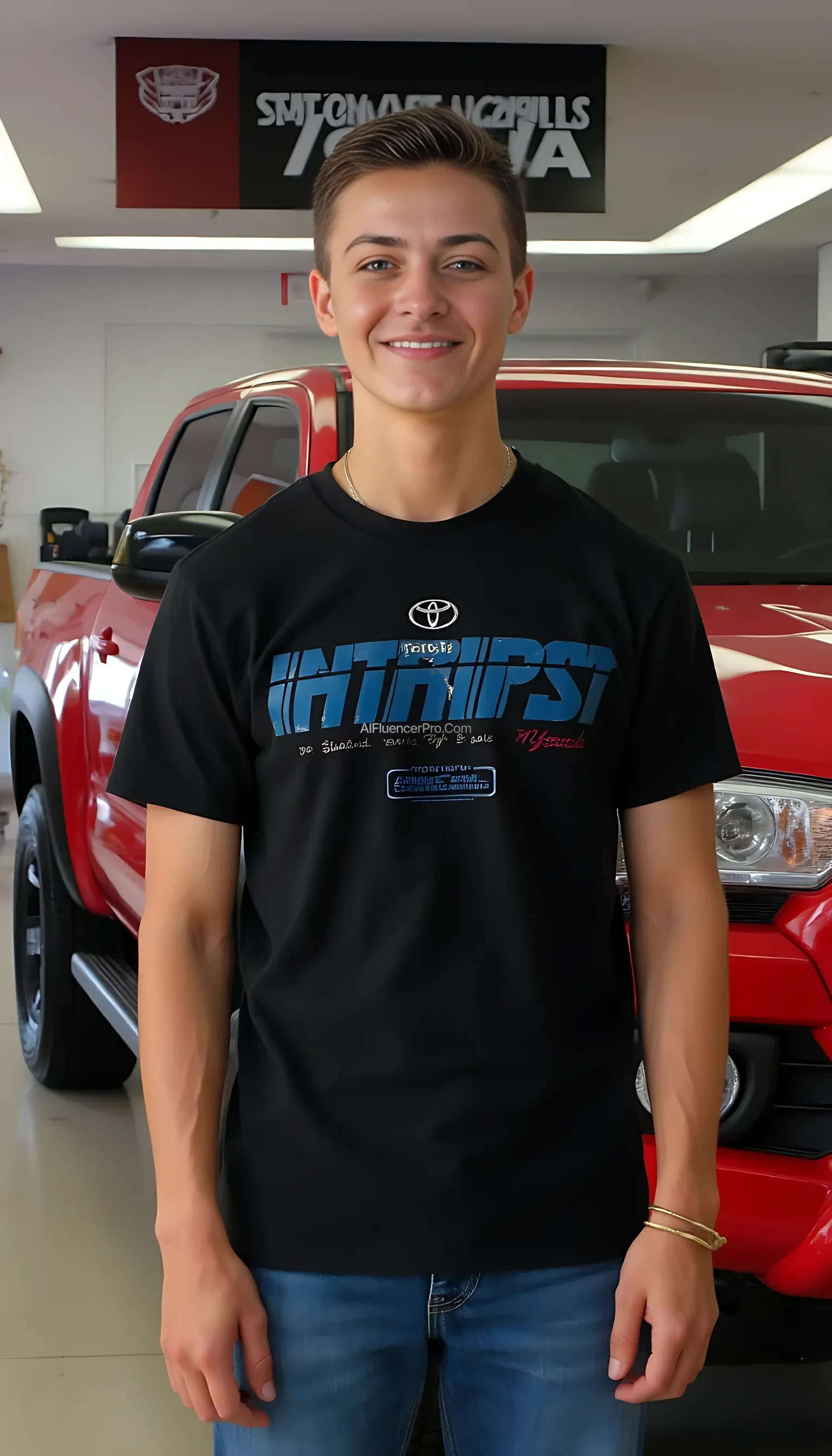 Young vibrant with medium body build soft and hard facial features with realistic colors in background and skin glow south african male with yellow sun tan skin and a taper fade with a warm smile and perfect set of teeth mysterious eyes and strong outlook in front of a state of the art vehicle mall wearing the latest name brands and posing in front of a 2024 pick up Toyota 