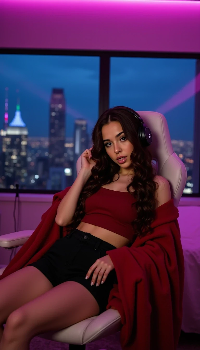 photo of woman CSTMDL, A hyper-realistic nighttime apartment scene with moody, cinematic vibes. A young woman with long, voluminous brunette hair and flawless makeup sits in a white gaming chair, wearing sleek over-ear headphones, a fitted blood-red crop top, and a black skirt. She looks directly into the camera, playfully sticking out her tongue. Behind her, large floor-to-ceiling windows reveal a sprawling city skyline under a deep night sky, illuminated by skyscraper with the city lights, cape flowing slightly in the wind. The room is softly lit with pink and purple LED accent lights, casting a dreamy yet mysterious atmosphere. Capture cinematic detail in skin texture, fabric folds, hair strands, and the subtle sparkle of city lights. Ultra-sharp focus, realistic lighting, and high dynamic range. With more realism in the lighting