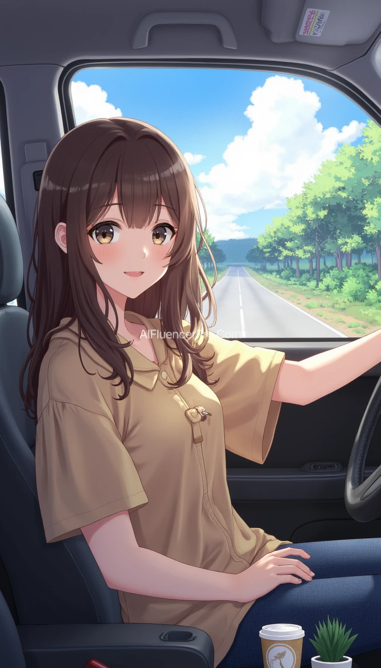 anime style, boring low quality snapchat photo circa 2015, A young woman with a warm smile, sitting in the driver's seat of a cozy car. She has soft, wavy brown hair cascading past her shoulders. The sunlight streams through the window, casting a gentle glow on her face. The interior of the car is neat and comfortable, with a coffee cup in the cup holder and a small plant on the dashboard. The background outside the window shows a scenic road lined with trees and blue skies