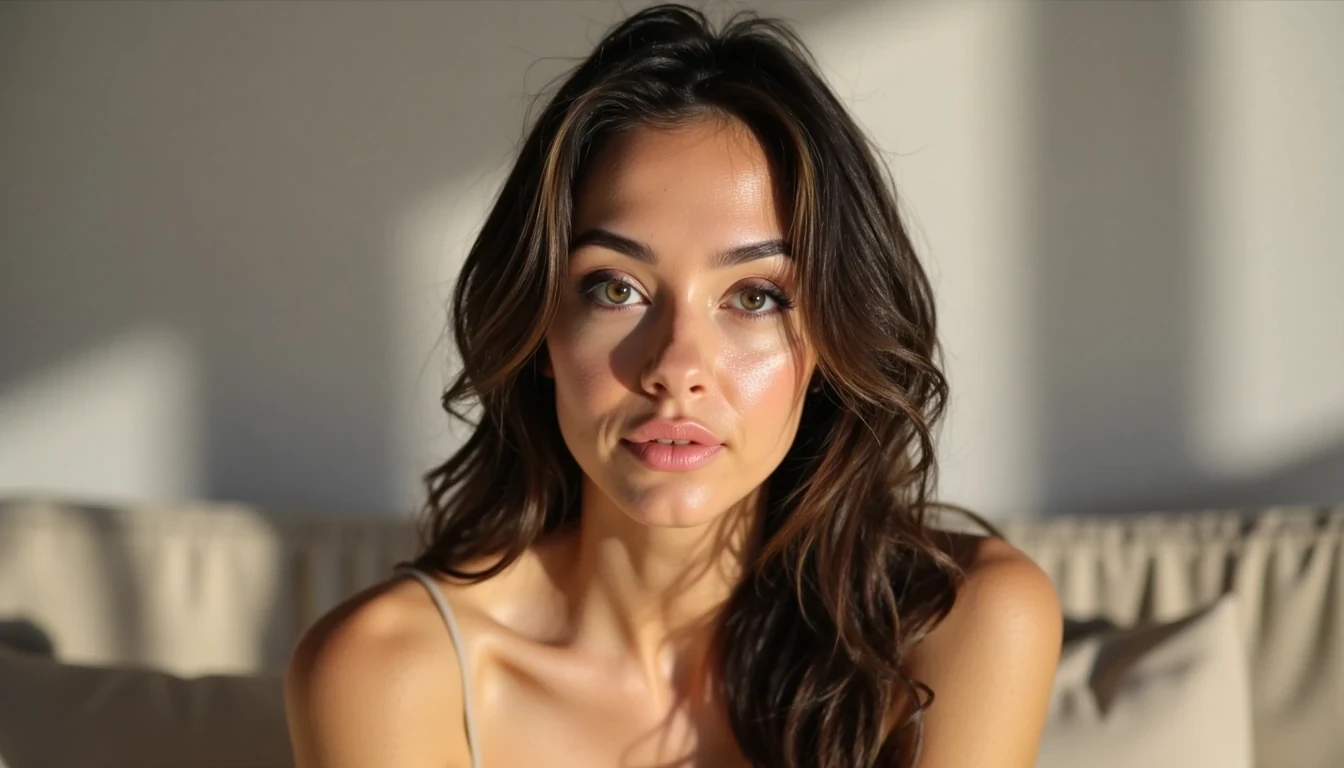 A hyper-realistic portrait of a woman with long dark hair, soft glowing skin, and natural makeup. She is indoors, sitting casually in front of a neutral background with soft daylight highlighting her face and shoulders. She wears a simple strappy top with a flattering neckline. Her expression is calm and confident, with a natural, warm smile. The photo looks like a high-quality Instagram post with clear textures, professional detail, and soft, flattering light.

