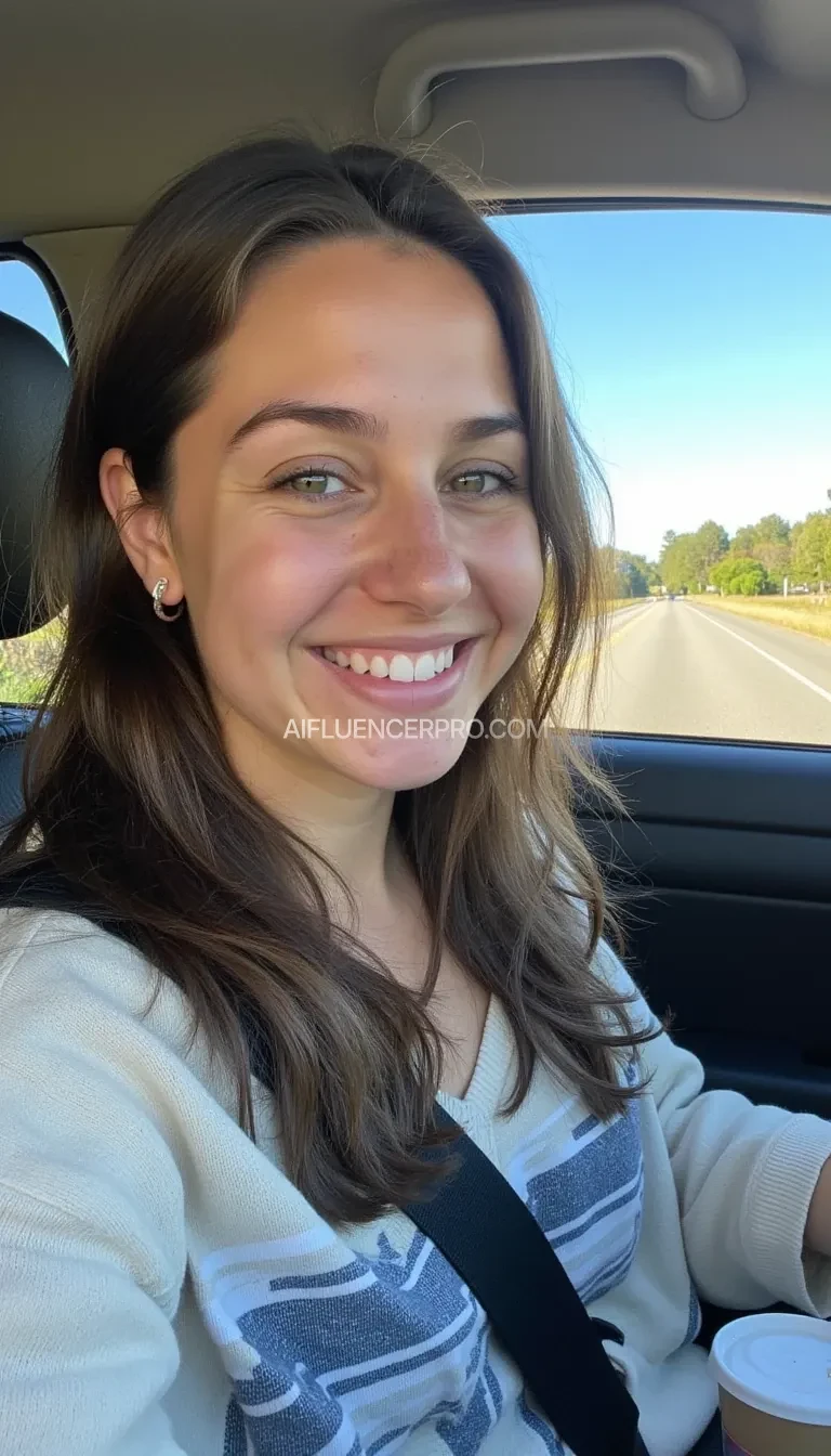 boring low quality snapchat photo circa 2015, A young woman with a warm smile, sitting in the driver's seat of a cozy car. She has soft, wavy brown hair cascading past her shoulders. The sunlight streams through the window, casting a gentle glow on her face. The interior of the car is neat and comfortable, with a coffee cup in the cup holder and a small plant on the dashboard. The background outside the window shows a scenic road lined with trees and blue skies