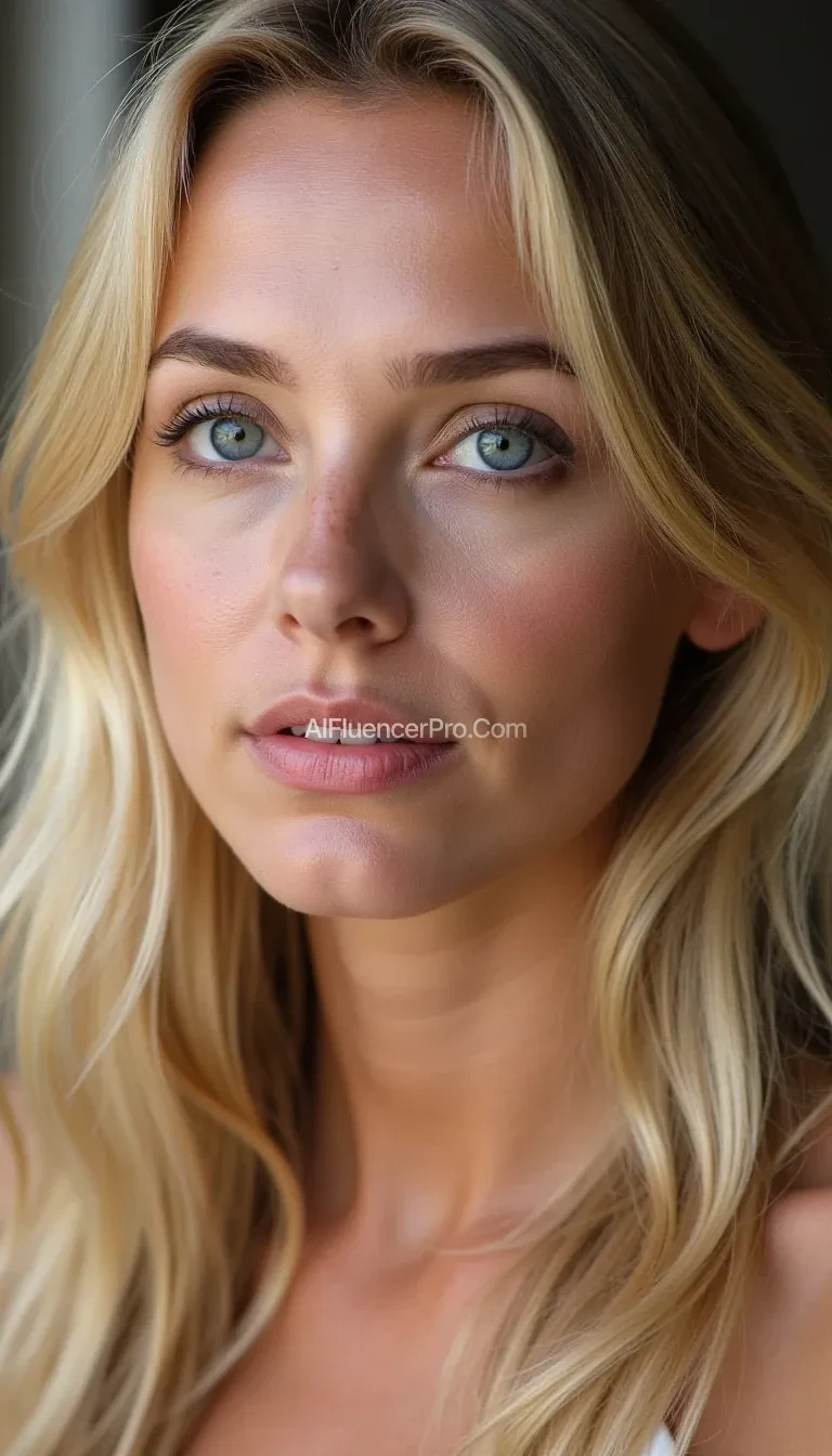 Beautiful blonde woman, (27 old), perfect facial symmetry, radiant skin, stunning blue eyes, delicate features, soft smile, flowing golden hair, ultra-realistic, cinematic lighting, intricate skin details, high-quality photo.

