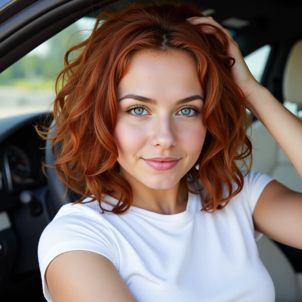 selfie of CSTMDL a young woman sitting in her car with red curly hair, bright blue eyes, extremely detailed skin with some freckles, with a soft but seducing smile. The model has large breasts under clothes and is wearing white underwear and white tshirt. The model is touching her hair with one hand. The car has luxurious interior Style: amateur photo, instagram profile picture Composition: selfie shot