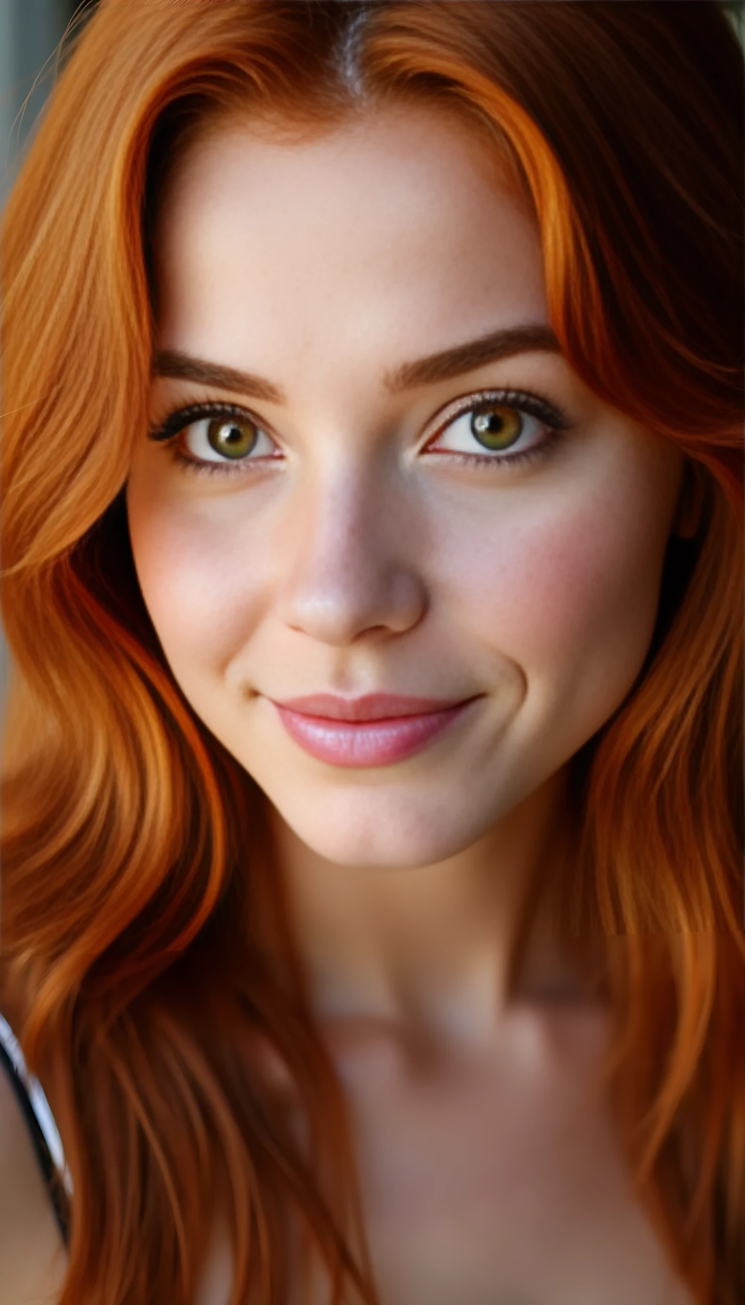 A portrait photo of a beautiful 21 years old model, mixed ethnicity of half white American half Brazilian, with deep copper red hair, golden hazel eyes, ultra detailed eyes with sharp iris reflections, slight smile, studio-quality, extremely realistic HD