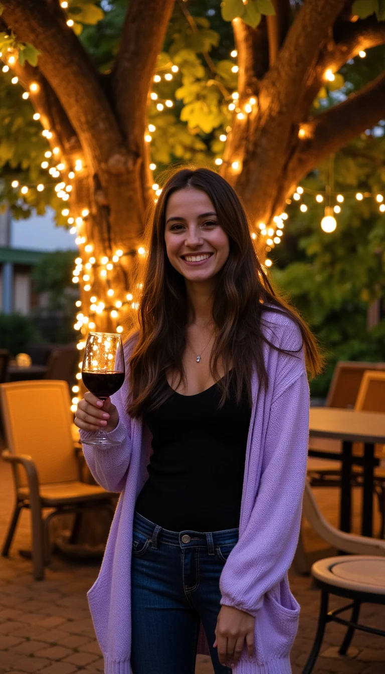 A full body shot photo of a young 25 yr old woman standing outdoors in a vibrantly shaded tree landscape.The image is rich in detail, with warm tones and clear textures throughout. The woman has tanned skin, a slim build, and long brunette hair, also worn loose. She is smiling warmly at the camera, holding a glass of red wine in her right hand, and wears a soft-textured lavender cardigan over a black top. The background features a large tree with sparkling string lights wrapped around its trunk and branches, adding a magical touch to the scene. The setting suggests a private outdoor area, with, greenery, and rattan chairs contributing to a serene, inviting vibe. The overall composition is balanced, with the woman framed against the softly glowing tree, and the lighting enhances the warm, intimate feel of a quiet evening shared among friends. The details are vivid, with textures of clothing, skin, and background elements clearly visible, while the warm lighting creates a relaxed and joyful mood