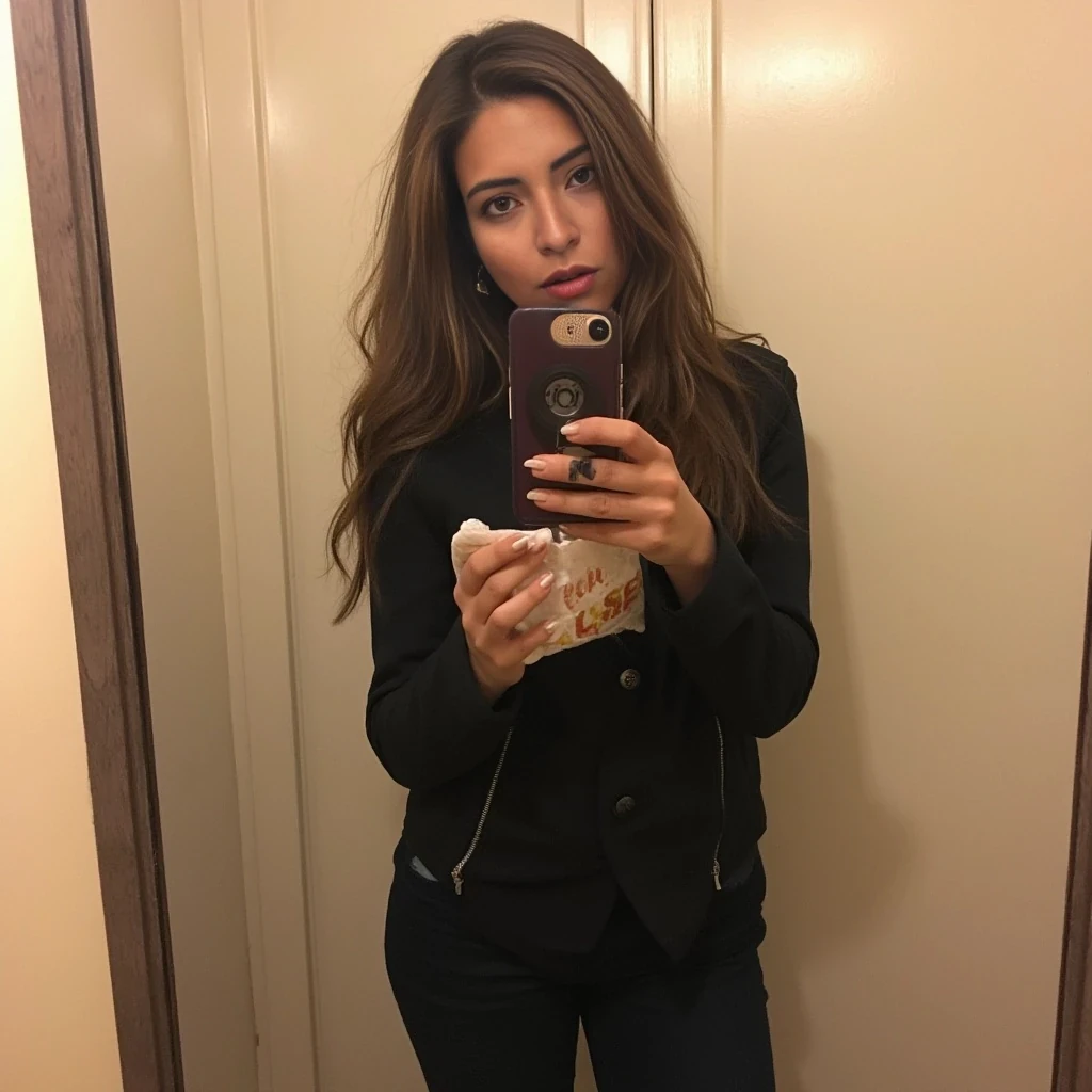 boring low quality snapchat photo circa 2015, cute woman, thick big butt, soft light brown hair, full outfit, spanish, curvy,