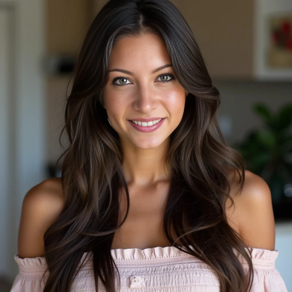 attractive woman, soft dark long brown hair, soft gorgeous smile, full lips, beautiful blue eyes, slim button nose and sun-kissed tan tone, hour glass and toned, tall, long legs, confident, old-money, girl next door type   