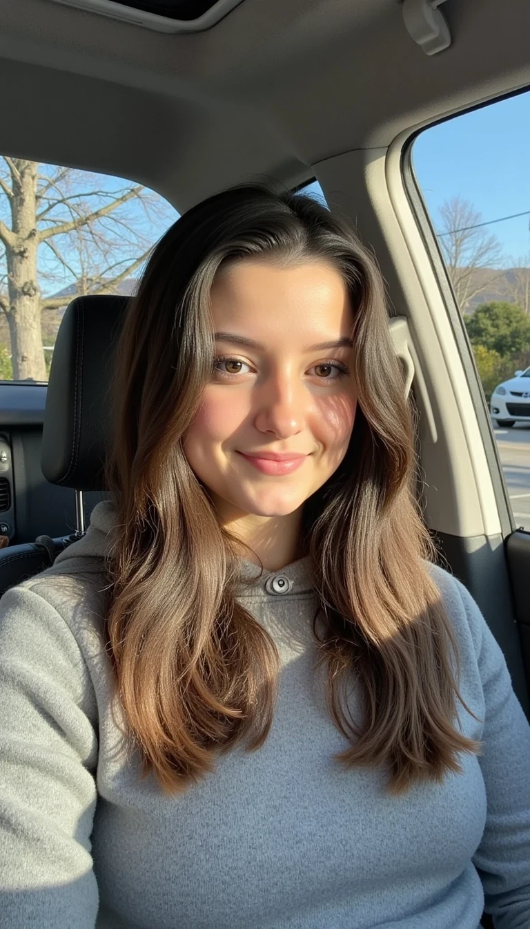 boring low quality snapchat photo circa 2015, A young woman CSTMDL with a warm smile, sitting in the driver's seat of a cozy car. She has soft, wavy brown hair cascading past her shoulders. The sunlight streams through the window, casting a gentle glow on her face. The interior of the car is neat and comfortable, with a coffee cup in the cup holder and a small plant on the dashboard. The background outside the window shows a scenic road lined with trees and blue skies