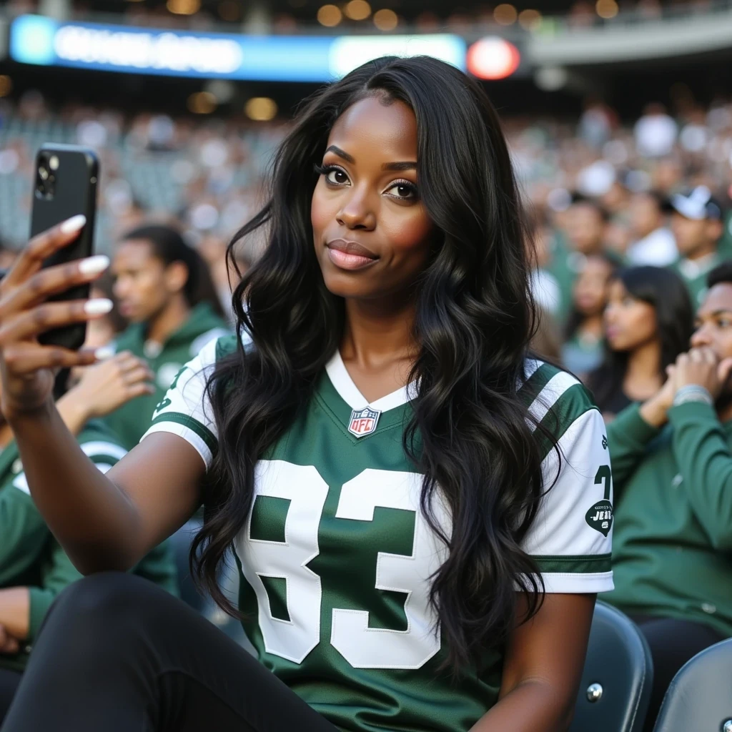 half body iphone selfie photo of woman CSTMDL. She’s at metlife stadium watching the jets and steelers game. She is sitting in the bleachers cheering for the jets. She’s wearing a jets football jersey with a hint of cleavage showing with black pants. huge croud of females and men wearing jets and steelers jerseys.

She has deep brown almond-shaped eyes and long, wavy black hair flowing over her shoulders. Her figure is curvy and feminine, with a confident presence. She has large breast and big butt. Her fingernails feature a long-length squared white French square manicure, and her toenails are polished in a matching French pedicure.

The shot should mimic a Snapchat selfie look — casual, slightly grainy, soft-focused, as if captured quickly on a phone. Her expression is relaxed, smiling slightly with a natural vibe and authentic selfie feel.
