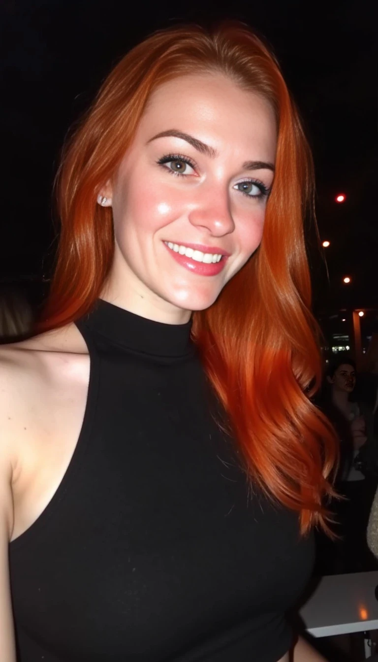 boring low quality snapchat photo circa 2015, woman model at techno party in berghain night club in berlin at night the woman model wears a black high neck tanktop. and ripped black jeans., She has a heart-shaped face with balanced, symmetrical features. Her complexion is clear, smooth, and has a healthy, natural glow, with a subtle hint of sun-kissed warmth. Her bright hazel eyes are large, well-spaced, and slightly upturned at the corners, framed by long, dark lashes. Her cheekbones are high and softly defined, giving her face gentle dimension. She has full, naturally pink lips with a delicate cupid’s bow, usually curved in a warm, genuine smile. Her nose is straight and proportionate, complementing the harmony of her features. Her jawline is soft and feminine, tapering gracefully. Her eyebrows are well-groomed with a gentle arch, matching the vivid, bright red of her thick, healthy, softly wavy hair, which falls past her shoulders and catches the light. Freckles dust the bridge of her nose and cheeks, adding a touch of playful charm. Her expression is open and inviting, radiating warmth and confidence.
