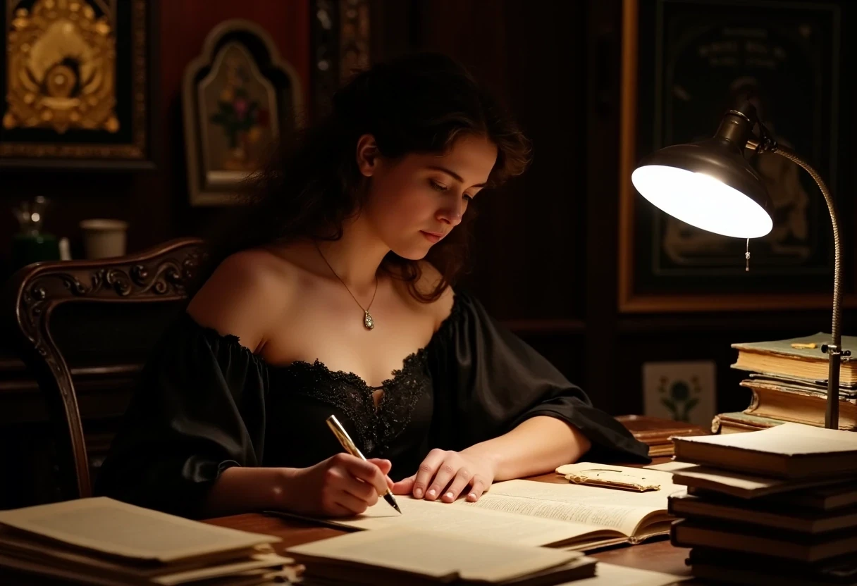 photo of woman CSTMDL, brunette, small pendant, hair tied, blue eyes, black night dress, working late night at her desk. The room is dark, the only light is a small art nouveau desk lamp.
She’s surrounded by a lot of old books and sheets of paper she worked on. She’s currently writing on a sheet with a beautiful vintage fountain pen.
She’s surrounded by her works in a beautiful art nouveau room with a Khmer piece of art in the background