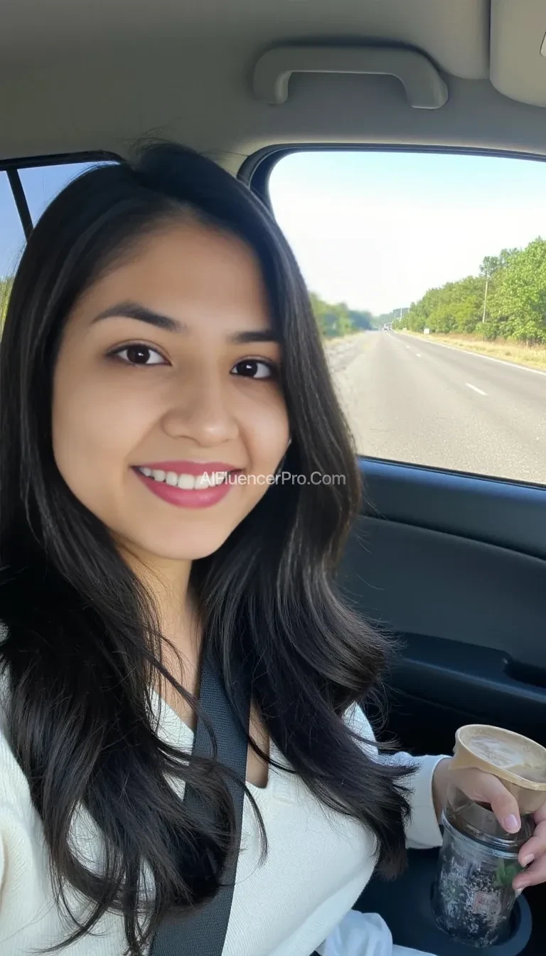 boring low quality snapchat photo circa 2015, A young woman with a warm smile, sitting in the driver's seat of a cozy car. She has soft, wavy black hair cascading past her shoulders. The sunlight streams through the window, casting a gentle glow on her face. The interior of the car is neat and comfortable, with a coffee cup in the cup holder and a small plant on the dashboard. The background outside the window shows a scenic road lined with trees and blue skies