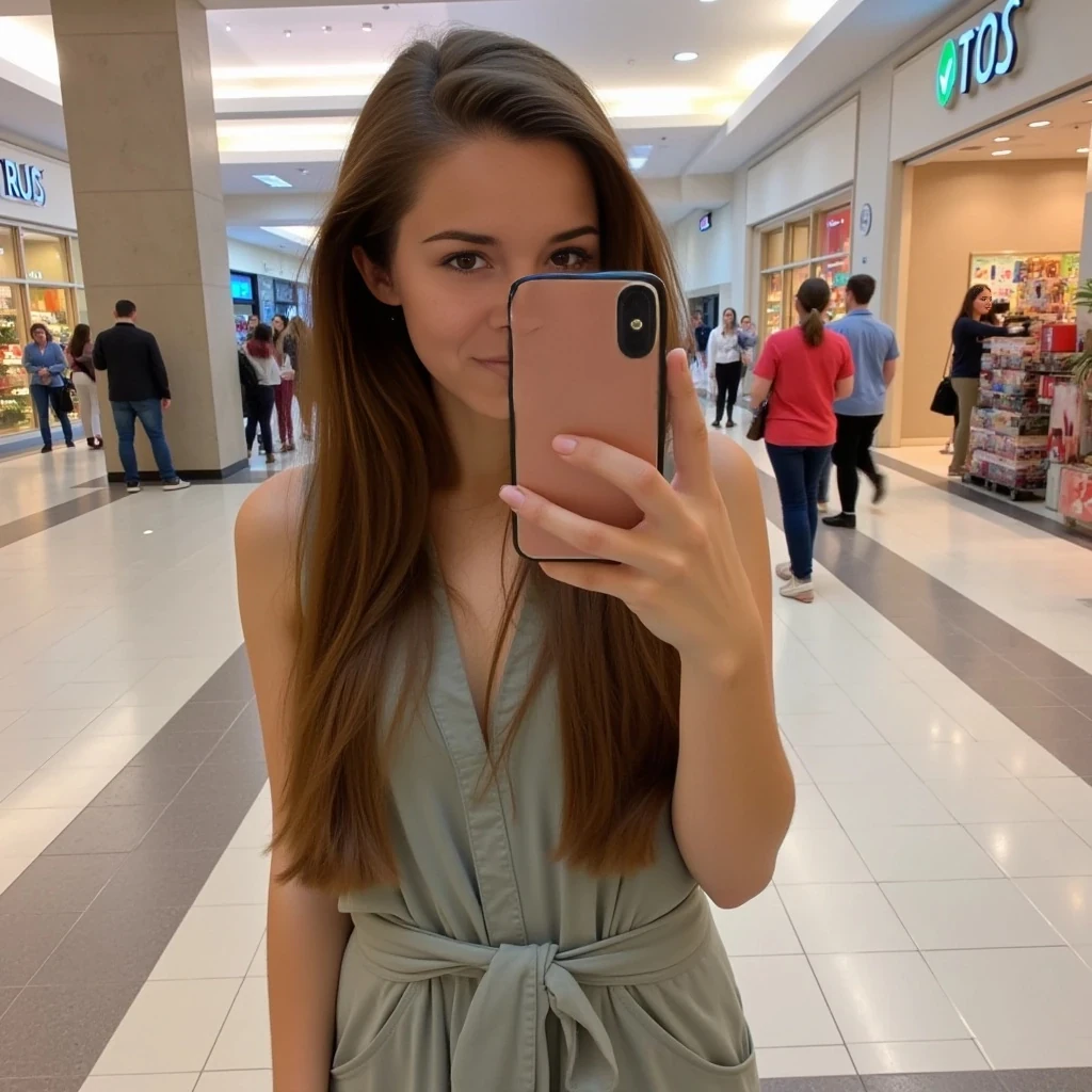 boring low quality snapchat photo circa 2015, average looking woman, full outfit, standing, soft light brown hair, mall background