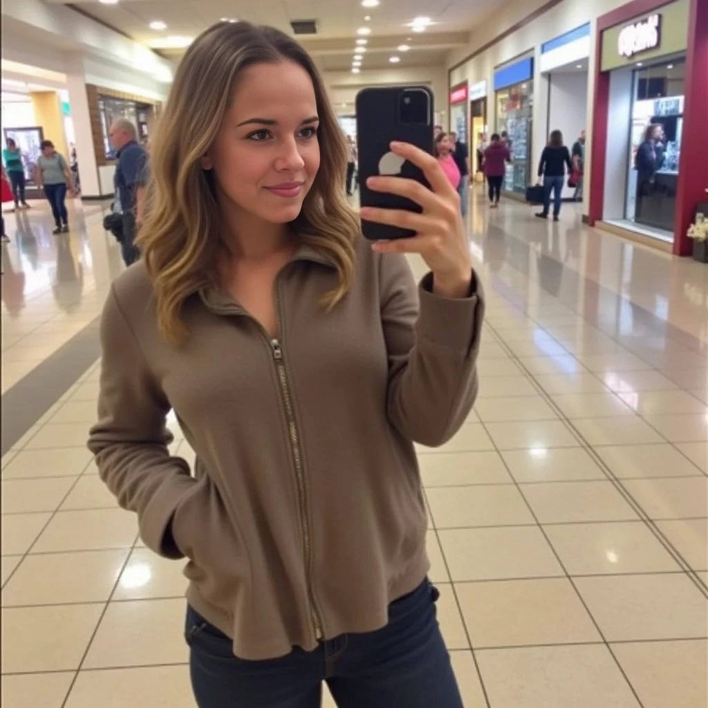 boring low quality snapchat photo circa 2015, average looking woman, full outfit, standing, soft light brown hair, mall background