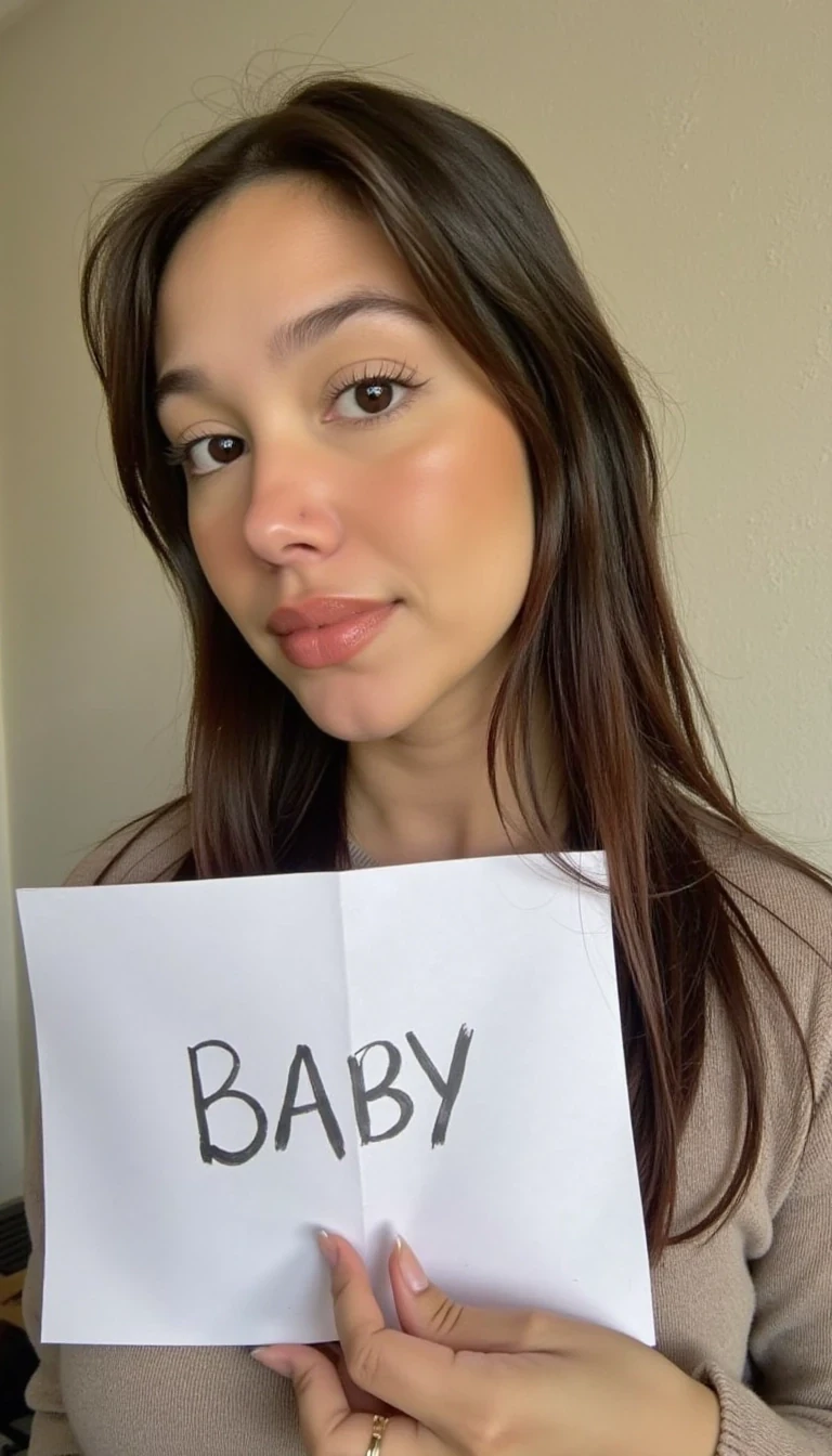 photo of woman CSTMDL, boring low quality snapchat photo circa 2015, cute woman, selfie, holding a paper that says “BABY” , realistic, sun lighting, long sleeve clothes, upper body photo, wall background 