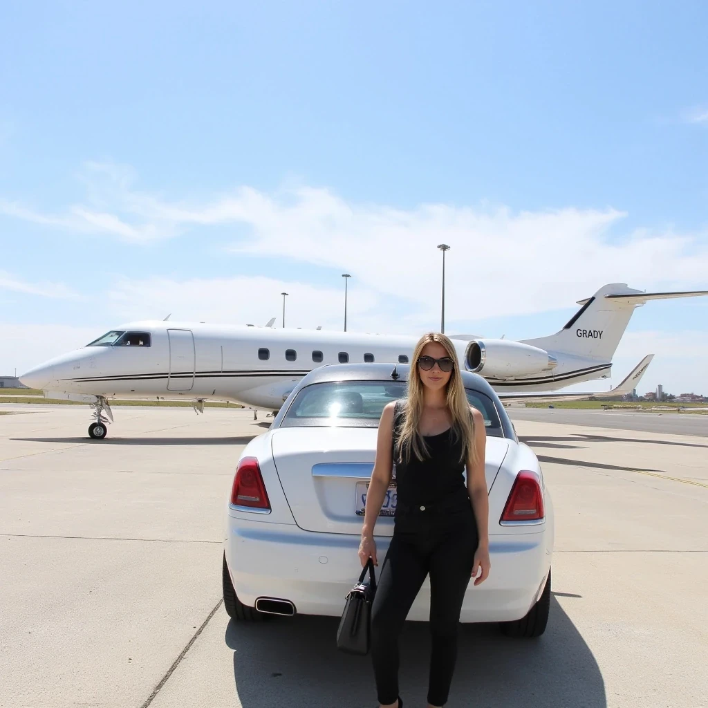 The image is a photograph featuring a young woman standing on a tarmac in front of a large private jet. The woman, positioned in the foreground next to a white Rolls Royce Phantom, has long, straight, soft long blonde hair that cascades over her shoulders. She is wearing a slim black sleeveless top and slim black pants, with a black handbag slung over her shoulder. She also wears large, dark sunglasses, giving her a stylish, casual appearance. Her skin is fair, and she has a fit physique.

The private jet, located in the background, is a sleek, white aircraft with a black stripe running along its side. It has two engines mounted on the wings, and its tail features the word "GRADY" in black lettering. The jet is parked on a wide, smooth tarmac that extends into the distance, with faint runway markings visible. 

The sky above is clear with a few wispy clouds, indicating a bright, sunny day. There are also tall, slender light poles and a few buildings visible, suggesting that the airport is in a more developed area. The overall mood of the image is one of luxury and travel.