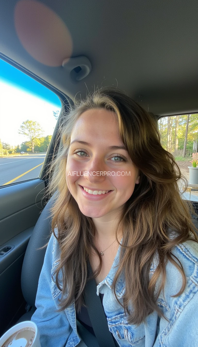 boring low quality snapchat photo circa 2015, A young woman with a warm smile, sitting in the driver's seat of a cozy car. She has soft, wavy brown hair cascading past her shoulders. The sunlight streams through the window, casting a gentle glow on her face. The interior of the car is neat and comfortable, with a coffee cup in the cup holder and a small plant on the dashboard. The background outside the window shows a scenic road lined with trees and blue skies, sexy