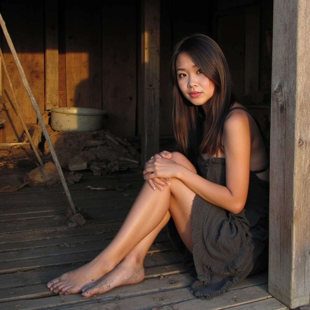boring low quality snapchat photo circa 2015, sun setting, very poor asian woman, cute, nice body, dark brown hair, poor girl outfit, barefoot, muddy dress, sitting in wood hut, bigger boobs. 