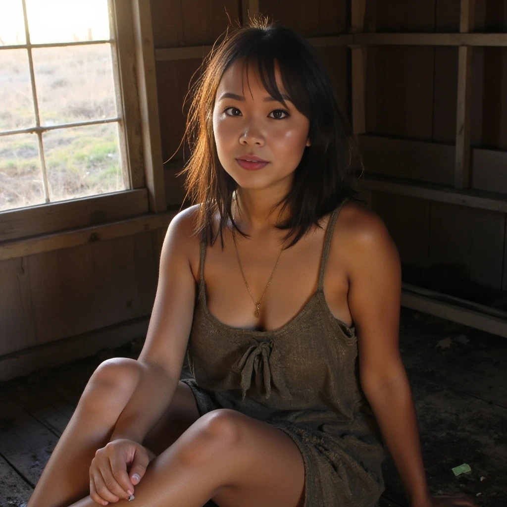 boring low quality snapchat photo circa 2015, sun setting, very poor asian woman, cute, nice body, dark brown hair, poor girl outfit, barefoot, muddy dress, sitting in wood hut, bigger boobs. 
