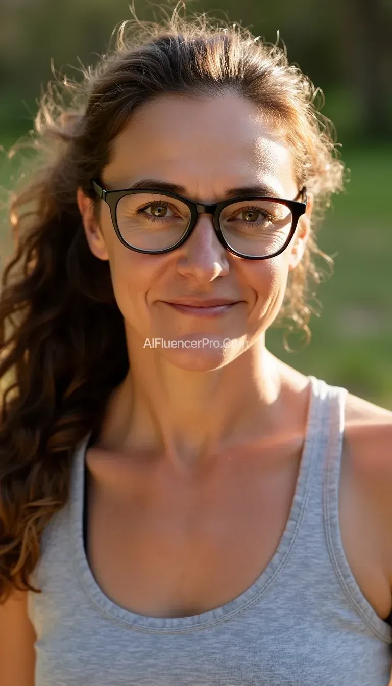 A woman with brown hair in a pony tail, wearing glasses, in running clothes. She is in her early 50's, with average sized breasts and brown eyes