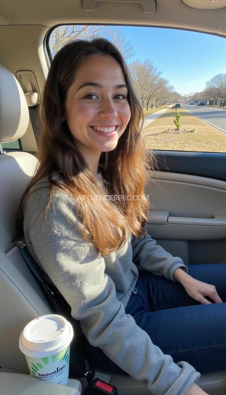 boring low quality snapchat photo circa 2015, A young woman with a warm smile, sitting in the driver's seat of a cozy car. She has soft, wavy brown hair cascading past her shoulders. The sunlight streams through the window, casting a gentle glow on her face. The interior of the car is neat and comfortable, with a coffee cup in the cup holder and a small plant on the dashboard. The background outside the window shows a scenic road lined with trees and blue skies