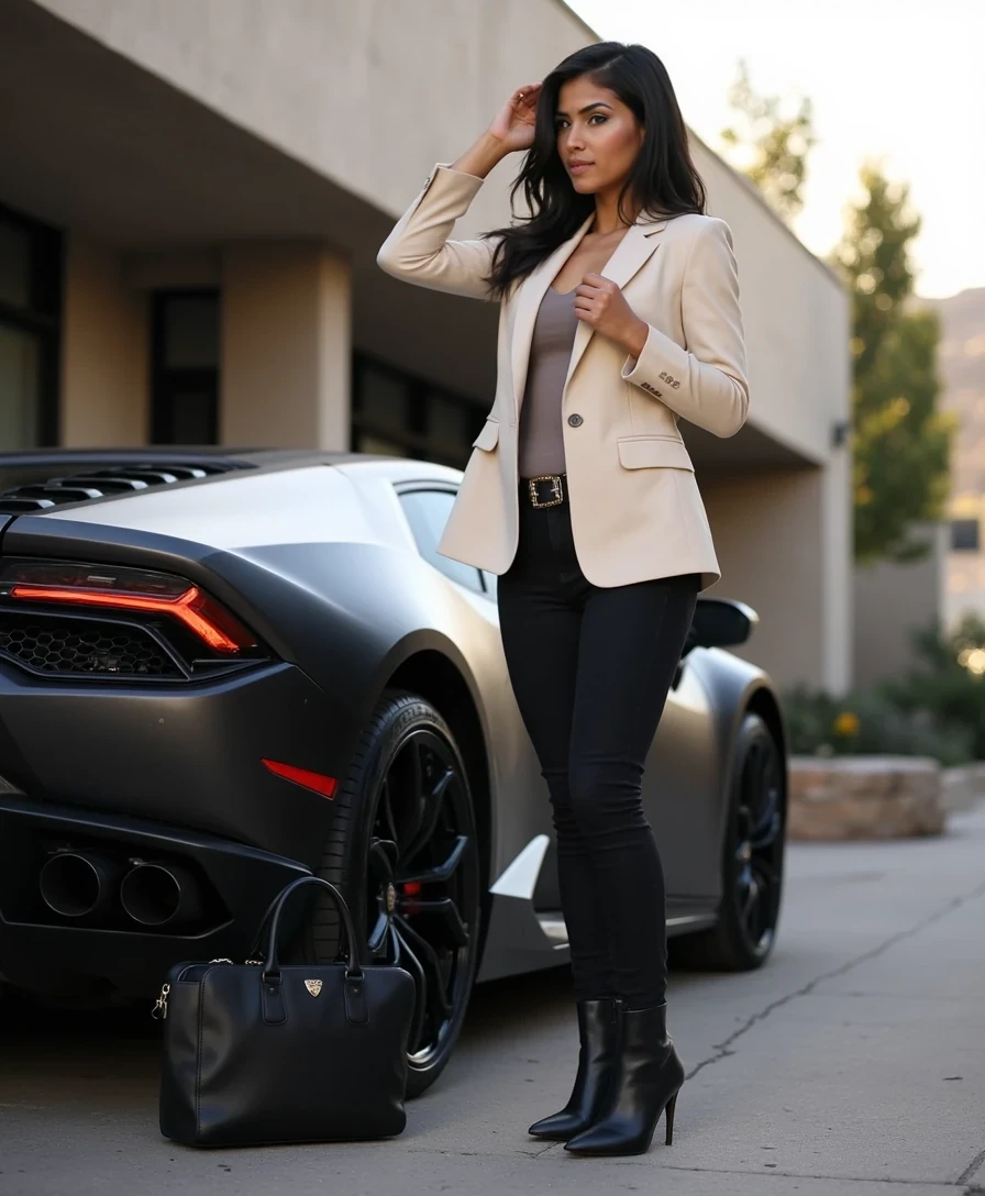 A cinematic iPhone-style photograph of a stunning CSTMDL woman captured outdoors in soft early-morning light. She’s beside a sleek matte-black Lamborghini Huracán parked on a modern city street, with faint mountains in the background hinting at Denver. She’s wearing a fitted cream blazer over a neutral top, dark jeans, and high-heeled boots. A designer handbag rests casually near her as she adjusts her hair with one hand and glances off-camera with quiet confidence. The scene feels candid, as if taken moments before she steps into the car on her way to a photoshoot. Warm natural light, realistic reflections on the car’s surface, cinematic yet believable influencer-style atmosphere.
–no airbrushed skin, no studio glamour lighting, no plastic shine, no distorted anatomy, no exaggerated proportions.