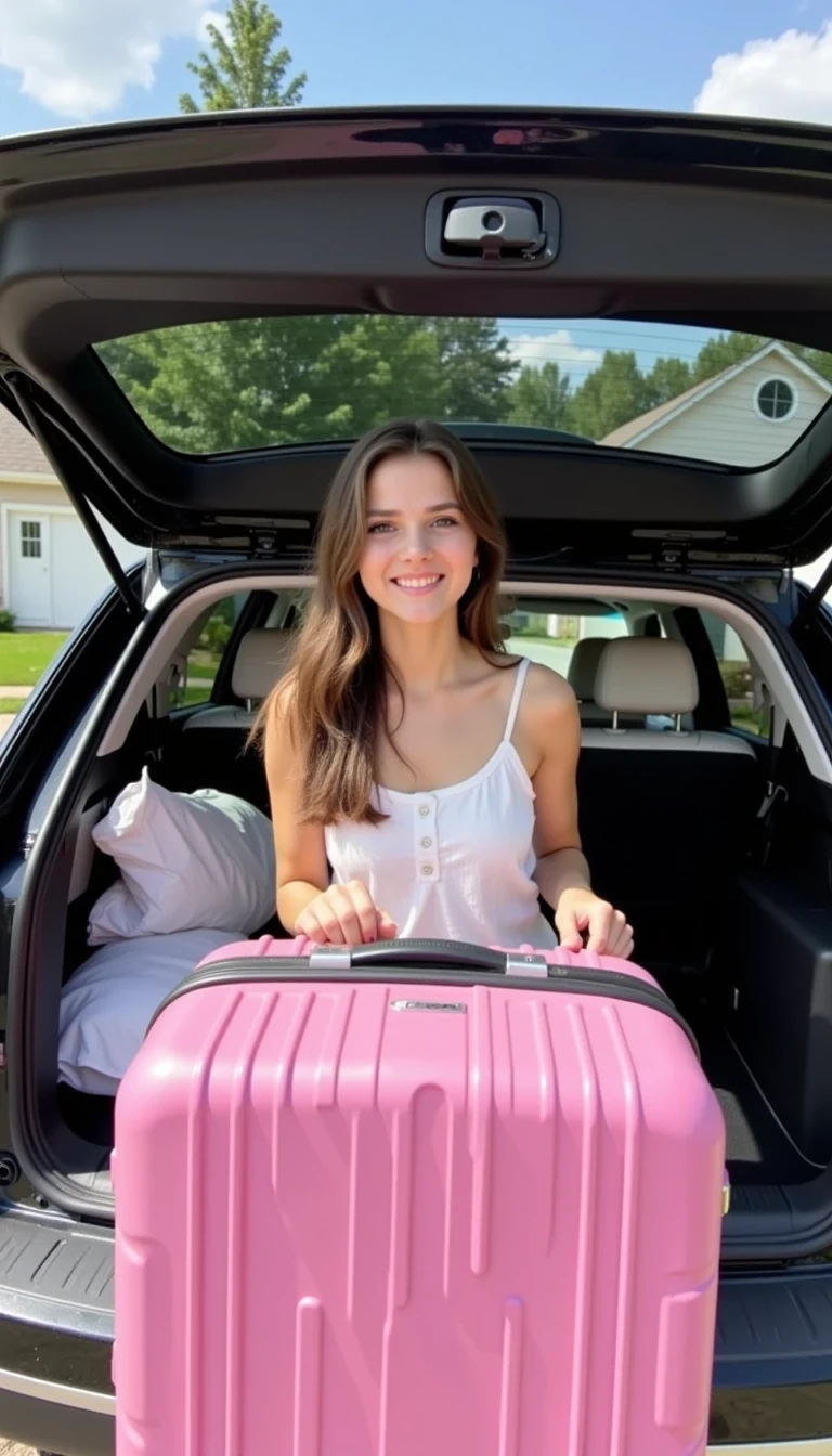 Amateur low quality photograph of CSTMDL a cute 18 year old girl with brown hair and brown eyes, close-up shot of her in a suburban neighborhood putting her pink glossy hardshell luggage into the trunk of a modern black suv which is in the driveway, she's wearing a cute white sundress, 3500k interior lighting and natural sunlight 