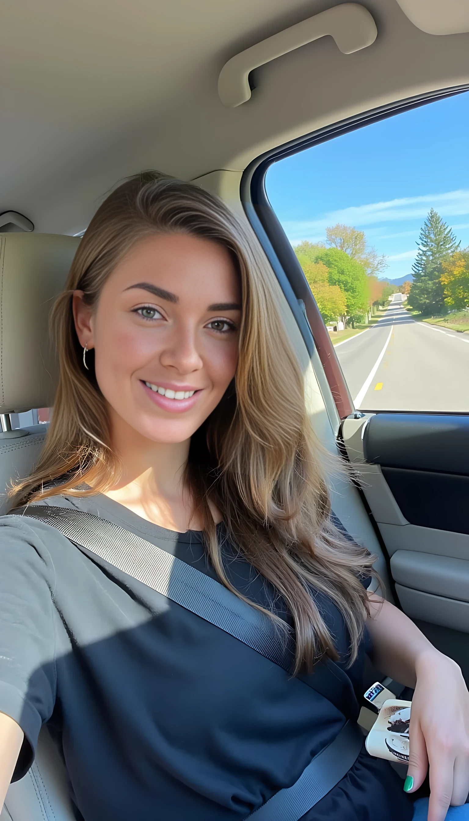 susanne boring low quality snapchat photo circa 2015, A young woman with a warm smile, sitting in the driver's seat of a cozy car. She has soft, wavy brown hair cascading past her shoulders. The sunlight streams through the window, casting a gentle glow on her face. The interior of the car is neat and comfortable, with a coffee cup in the cup holder and a small plant on the dashboard. The background outside the window shows a scenic road lined with trees and blue skies