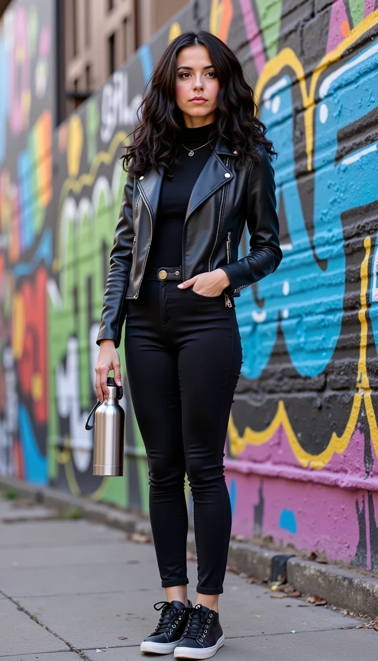 Full body shot of CSTMDL Nyxie 2 standing in front of a vibrant graffiti wall, wearing a black leather jacket and sneakers, holding an unmarked silver water bottle, with colorful urban energy all around. Her usal dark hair is in light ringlet curls.
