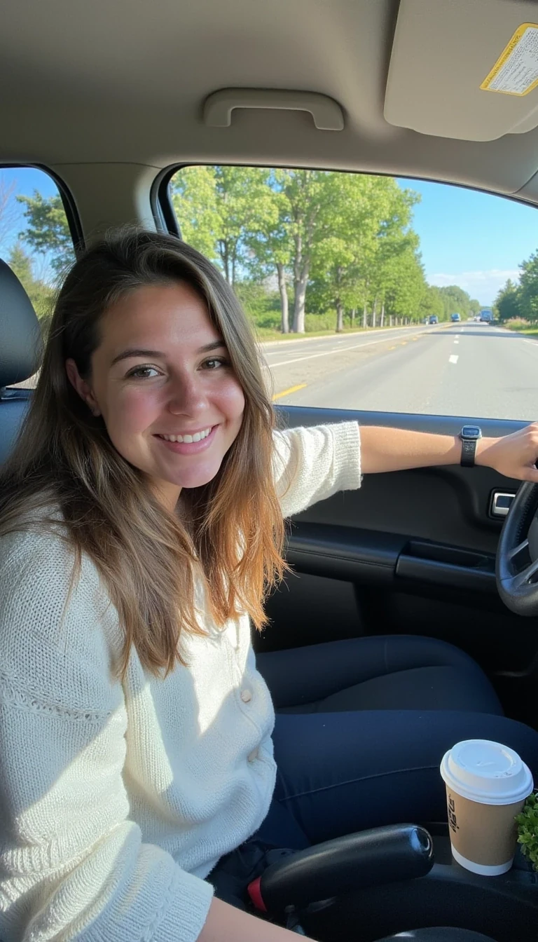 boring low quality snapchat photo circa 2015, A young woman with a warm smile, sitting in the driver's seat of a cozy car. She has soft, wavy brown hair cascading past her shoulders. The sunlight streams through the window, casting a gentle glow on her face. The interior of the car is neat and comfortable, with a coffee cup in the cup holder and a small plant on the dashboard. The background outside the window shows a scenic road lined with trees and blue skies