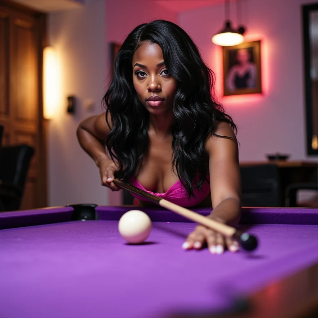 Bending over a purple pool table to aim her cue at the 8ball to win as she wears her hot pink, barley there chiffon bikini in high platform sandles that have laces wrapped up around her legs and her long hair falling over her shoulders as she looks in the camera with full glossy red lips pouting

Shot as if on a Canon EOS R5 with a 50mm f/1.2L lens, ISO 100, f/2.8, 1/125 shutter speed, enhanced by natural daylight and a softbox for glowing, lifelike lighting.

She has deep brown almond-shaped eyes and long, wavy black hair flowing over her shoulders styled in light ringlet curls. Her figure is curvy and feminine, with a confident presence. She has large breasts and a big butt. Her fingernails feature a LONG-length squared white French manicure, and her toenails are polished in a matching French pedicure.