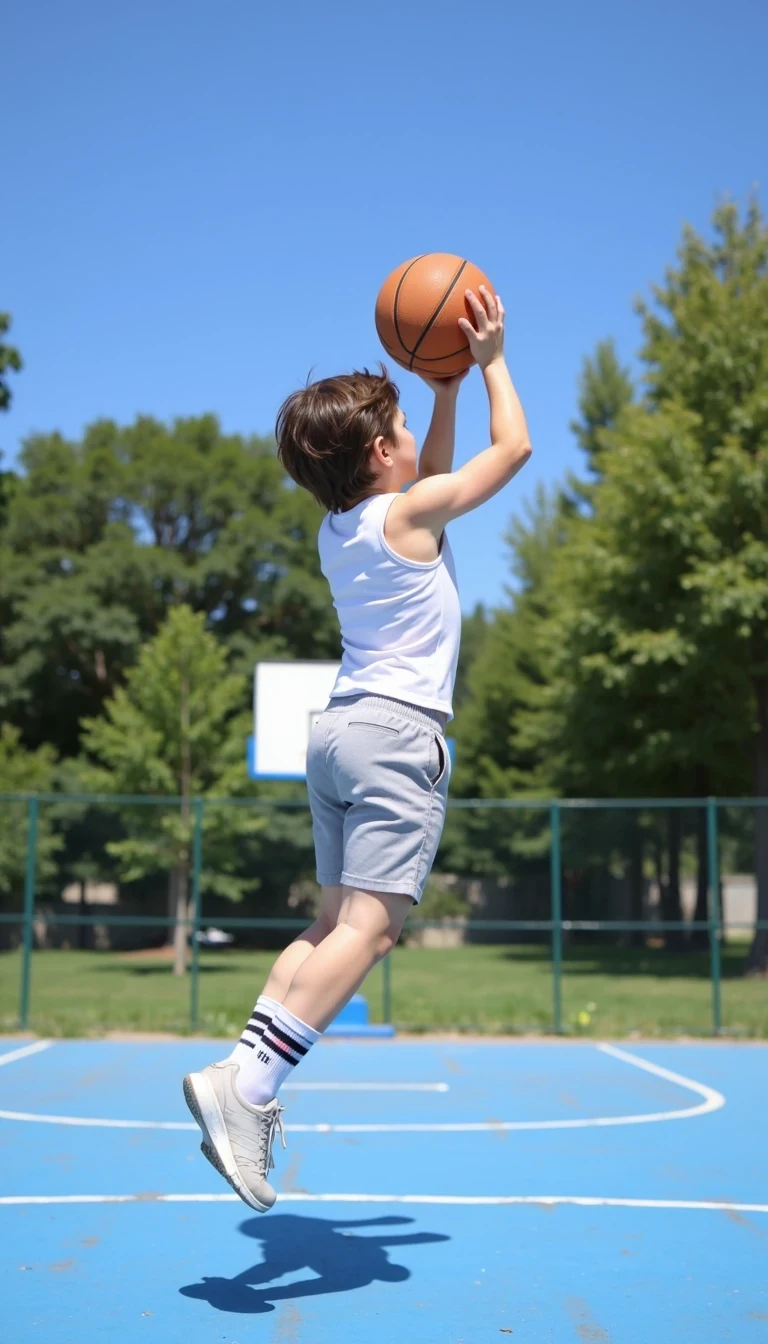 CSTMDL - A vibrant scene depicting a young athlete jumping to make a basketball shot. The image is set on a sunny day with a clear blue sky, highlighting the lively atmosphere of an outdoor basketball court. The child is positioned in the foreground, mid-air in a dynamic pose, showcasing determination and energy. The court features a bright blue surface with distinct white markings and a classic basketball hoop in the background. Natural greenery surrounds the court, with trees lining the perimeter, contributing to a serene yet active environment. The sunlight casts soft shadows, enhancing the depth and texture of the scene. The young athlete wears a fitted white tank top, light grey shorts, and striped athletic socks, emphasizing movement and athleticism. The composition focuses on the upward trajectory of the ball, with its arc captured mid-flight, creating a focal point that draws the viewer's eye. The overall style is realistic with a touch of vibrancy, exemplifying youthfulness and passion for sports. This scene encapsulates the joy of outdoor play, encouraging an active lifestyle.