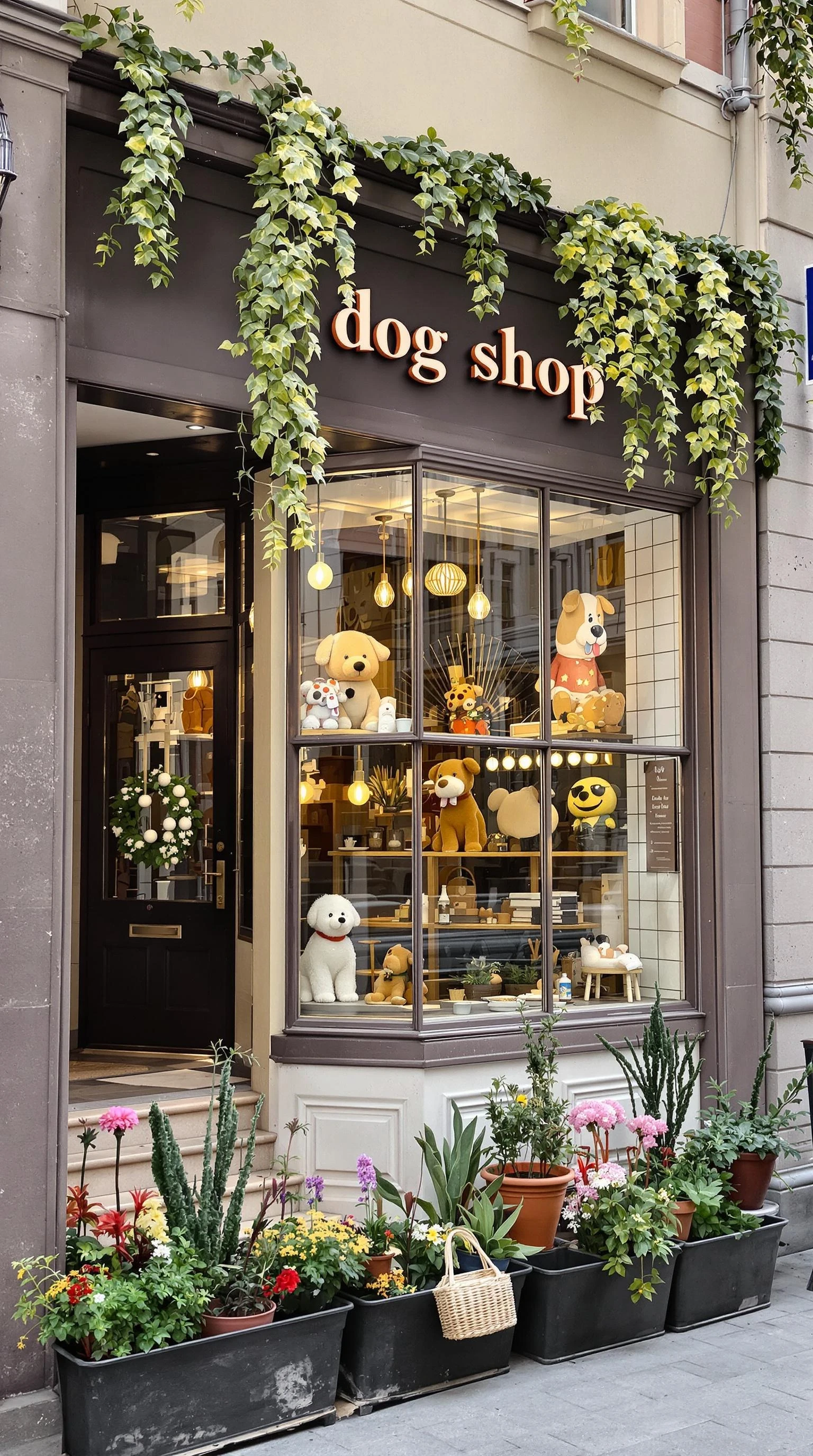 concept store, dog shop, creative shop, city, street, pretty facade, modern, dog, shop facade, window, decoration, object, plants