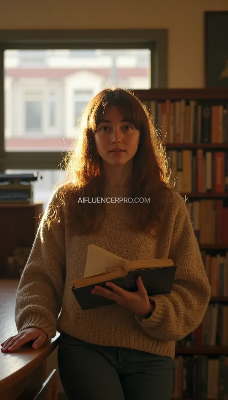 A college girl with fair skin, freckles, and long auburn hair, wearing a cozy oversized sweater and jeans, stands in a sunlit library, her expression a mix of curiosity and determination. She holds a vintage book, its pages slightly worn, as she leans against a wooden table. The scene is bathed in warm, golden light from a large window, casting soft shadows and creating a nostalgic atmosphere. The background features rows of bookshelves and a vintage typewriter on a desk. The lighting is soft and diffused, with a slight film grain and warm color grading, reminiscent of a Wes Anderson film.