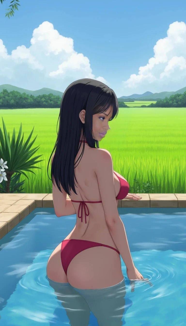 do a pic of my character wearing a sexy two piece Bikini in the pool overlooking the rice fields
 
