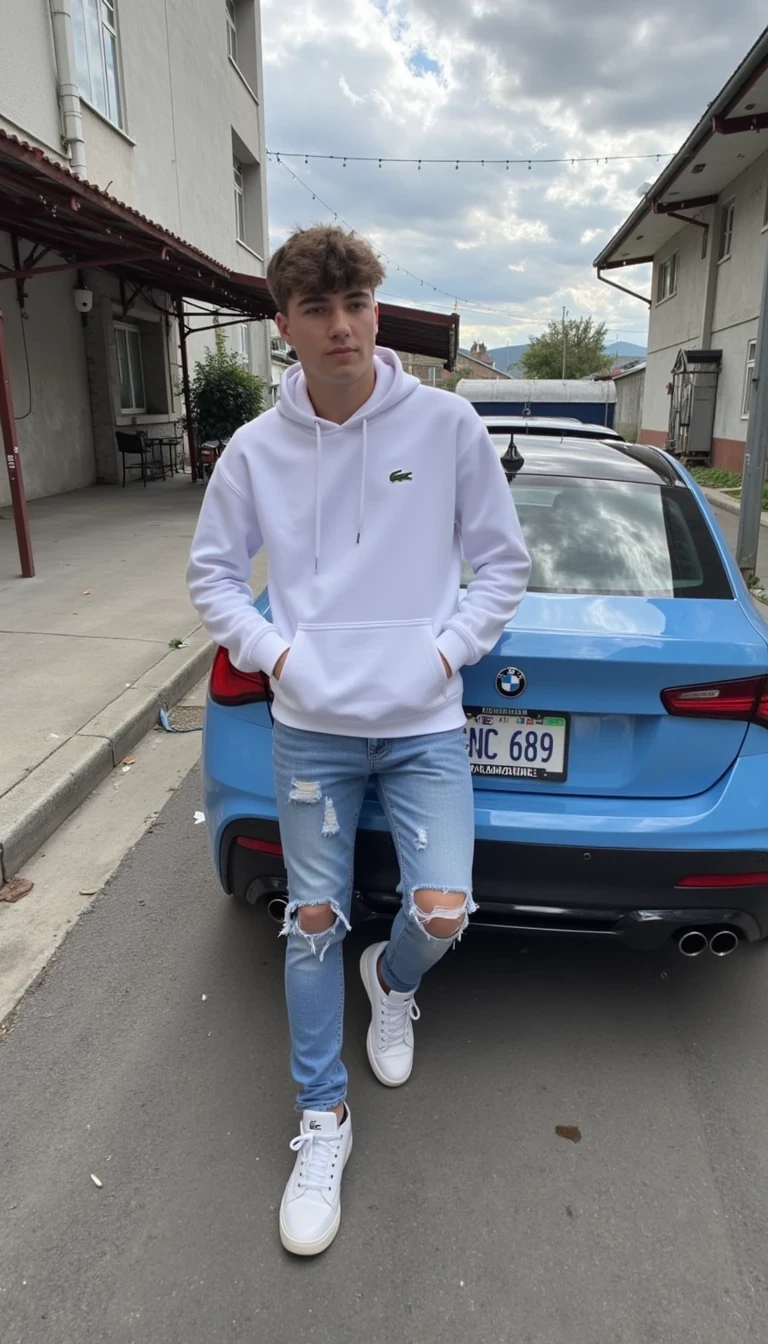 CSTMDL - The image depicts a young masculine 180cm 90kg man standing and smiling in far away is back blue car, specifically a BMW M2 2024 in colour: baby blue. He wears a white hoodie emblazoned with crocodile lacoste logo and scratched jeans. he wears on shoes nike jordan boots, specifically a shite Jordan 1 Retro High Dior. foto from 15 meters, little bit blured face