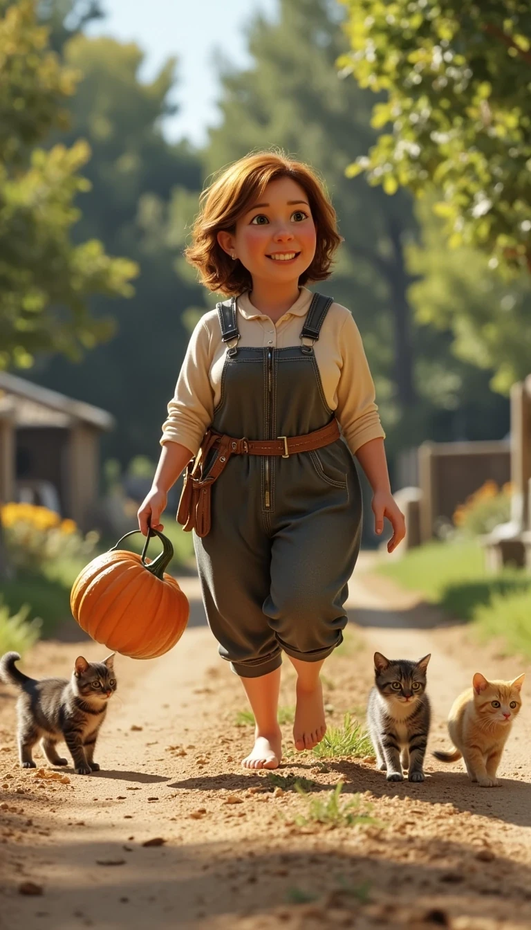 Pixar style animation, short thick curvy female hobbit, on a dirt road in the shire, smiling, rustic farm clothes, bare feet, holding pumpkin, kittens following her