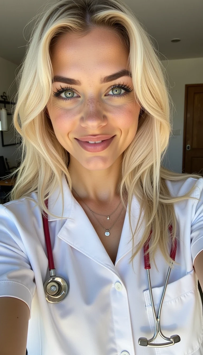 CSTMDL Snapchat low quality selfie nurse blonde girl with a coffe