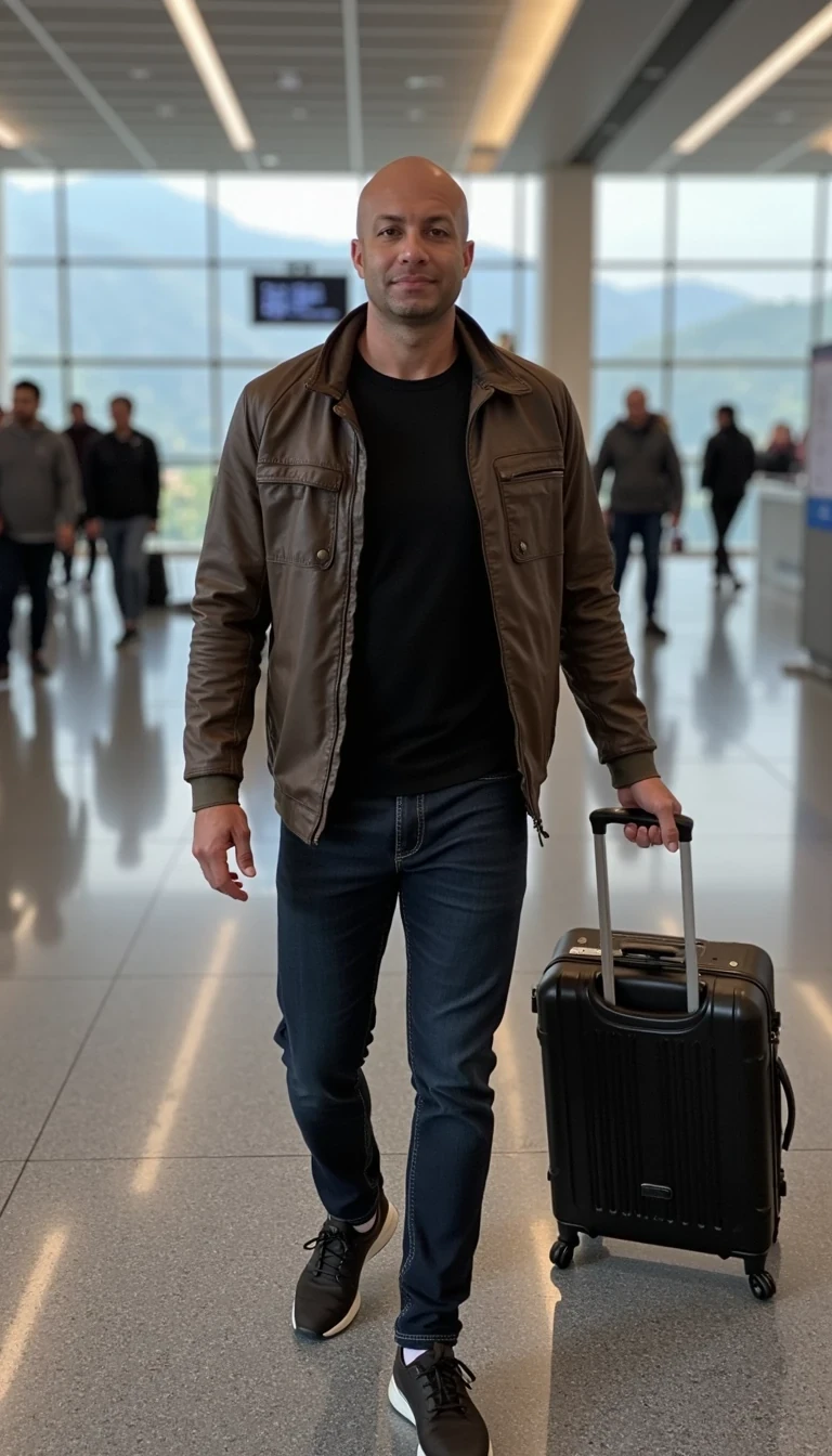 walking in the airport, CSTMDL, real proportions, bald, authentic model, exact facial look and body of AM 2.0, handsome