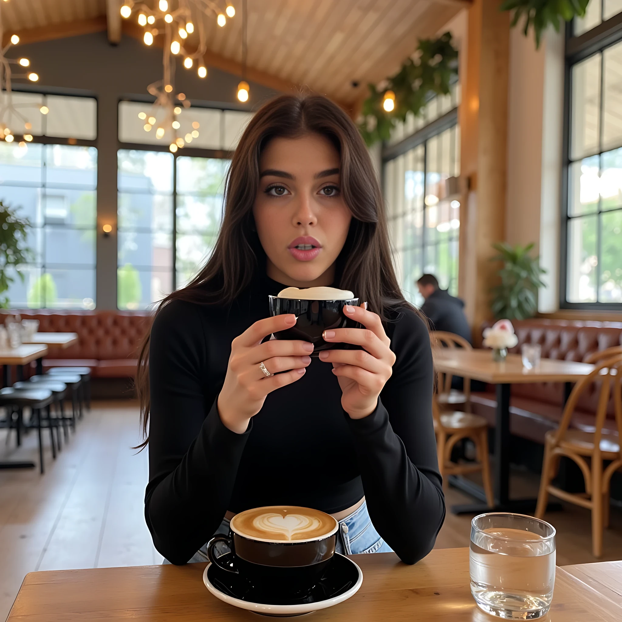 CSTMDL,young woman, long straight brunette hair, black long sleeve crop top, light blue high-waisted jeans, selfie in a café, cozy interior, wooden ceiling, large windows, daylight, hanging white floral decorations, hanging fairy lights, cappuccino with heart-shaped latte art, black saucer, small glass of water, aesthetic Instagram style, warm soft lighting, realistic details, slight bokeh in background, modern girly lifestyle vibe, only two hands, blowing kiss, 45 degree angle
