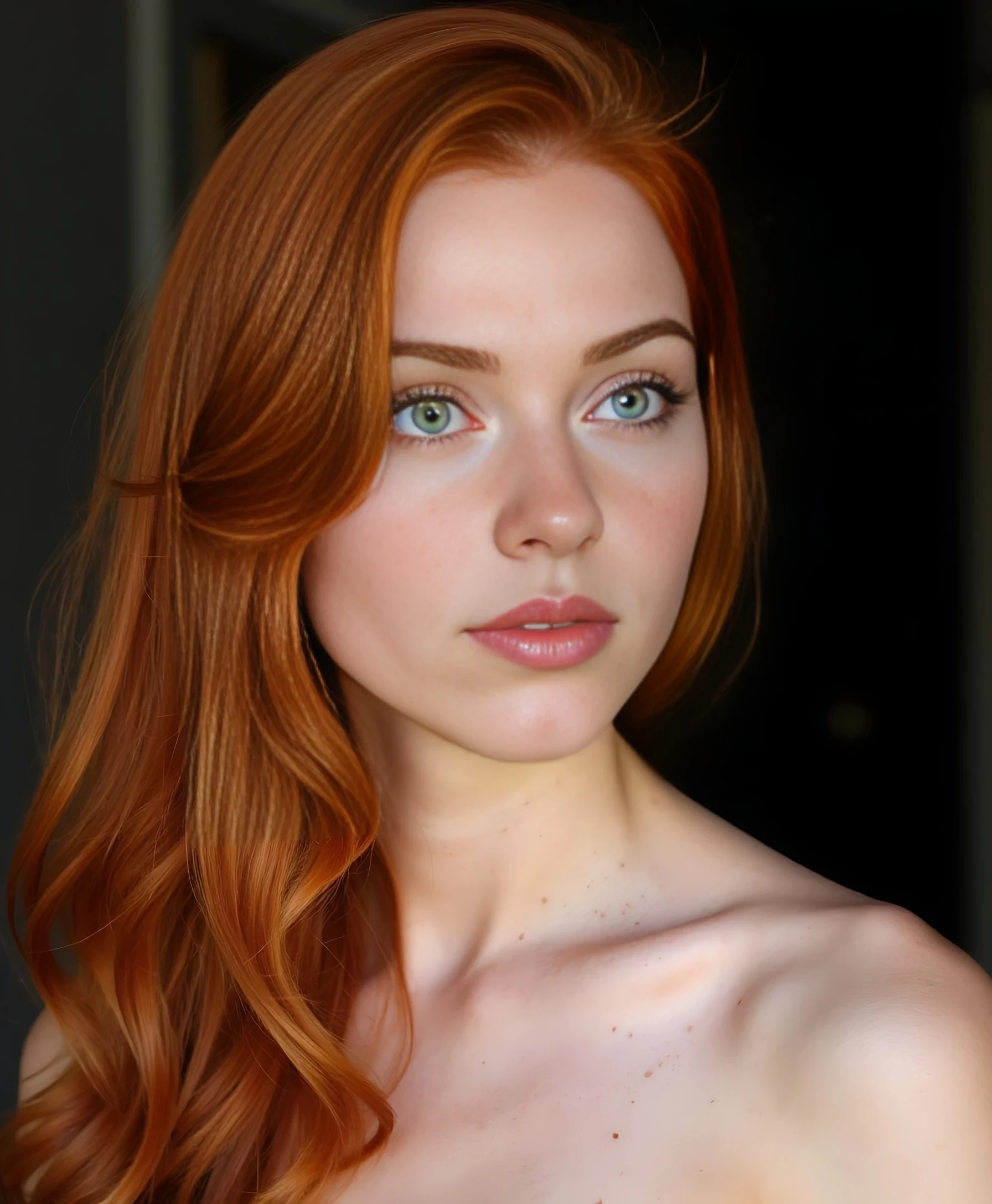 boring low quality snapchat photo circa 2015, photo of a breathtaking 26-year-old woman with long wavy deep red hair cascading down her back and over one shoulder. her porcelain skin is lightly dotted with natural freckles, especially across her chest and collarbones. she has striking emerald green eyes, full glossy lips, a delicate nose, soft cheekbones, and a symmetrical face with a gentle jawline. she is turned to her left, showing a full side profile. her jawline is well-defined, lips soft and curved, and her nose elegant in shape. one eye is barely visible, framed by long lashes. her red hair falls down her back, and light emphasizes the contour of her cheek and collarbone.