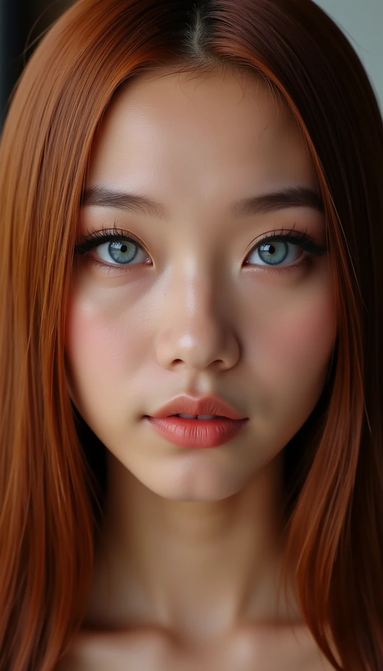Close-up portrait of a fictional young woman with an oval face shape, slim and elongated jawline, smooth contours. Very long straight dark red hair with a clean center part, sleek and shiny, falling over shoulders. Baby-blue almond-shaped eyes, medium-sized, slightly sultry expression, emphasized with dark eyeliner and long lashes. Well-groomed dark brows with a gentle natural arch. Straight narrow nose with a softly rounded tip. Full symmetrical lips, plump and defined, matte natural nude-pink tone. High cheekbones, smooth and clear tan skin with a natural glow, flawless complexion. Confident neutral expression, slightly pouty lips, subtle elegance and allure. High-resolution, realistic face, professional beauty retouch, cinematic daylight