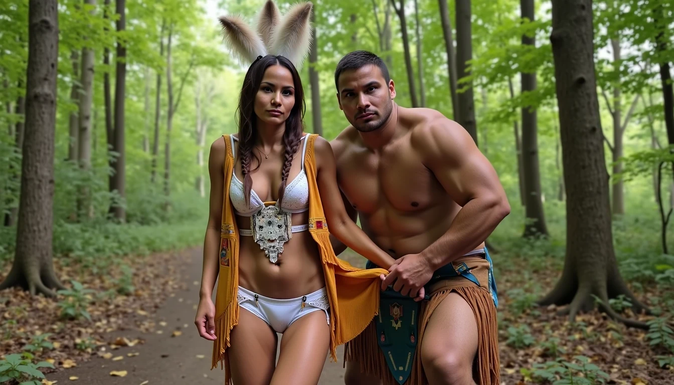 photo of woman CSTMDL, a selfie photo of, a slim woman, her full body is in the scene, she has a slender petite build with petite small boobs and a flat chest, she has small dark skin nipples with long pointy nipple ducts and small dark skinned areolas, her hair is styled with two long braids she has eagle plumes in her hair, she is not wearing earrings, she is wearing daisy duke denim booty shorts, she is wearing a native American style vest in a golden yellow color over top of her underwear, she is holding her vest open exposing her strapless bra, her bra is a strapless white lace bra, she is wearing white lace panties, she is wearing ankle height smoked hide moccasins, natural lighting, natural light, amateur photography, shot on an iPhone, she is bent over on all fours on the ground with her legs spread wide apart in a densely wooded forest in front of a fat giant native American man, she is maintaining intense eye contact with the camera, a fat giant native American man is directly beside her holding onto her booty, public setting, Hyper realism, 16k, uhd, ultra-sharp focus, perfect meshes and textures, highly detailed, highly accurate reflections, natural lighting, natural light, amateur photography,