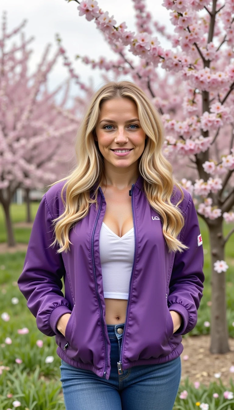 The image is a photograph featuring a young Caucasian woman, CSTMDL, with long, wavy blonde hair, standing in a cherry blossom garden in a purple jacket and jeans, with pink petals falling and a soft spring sky.