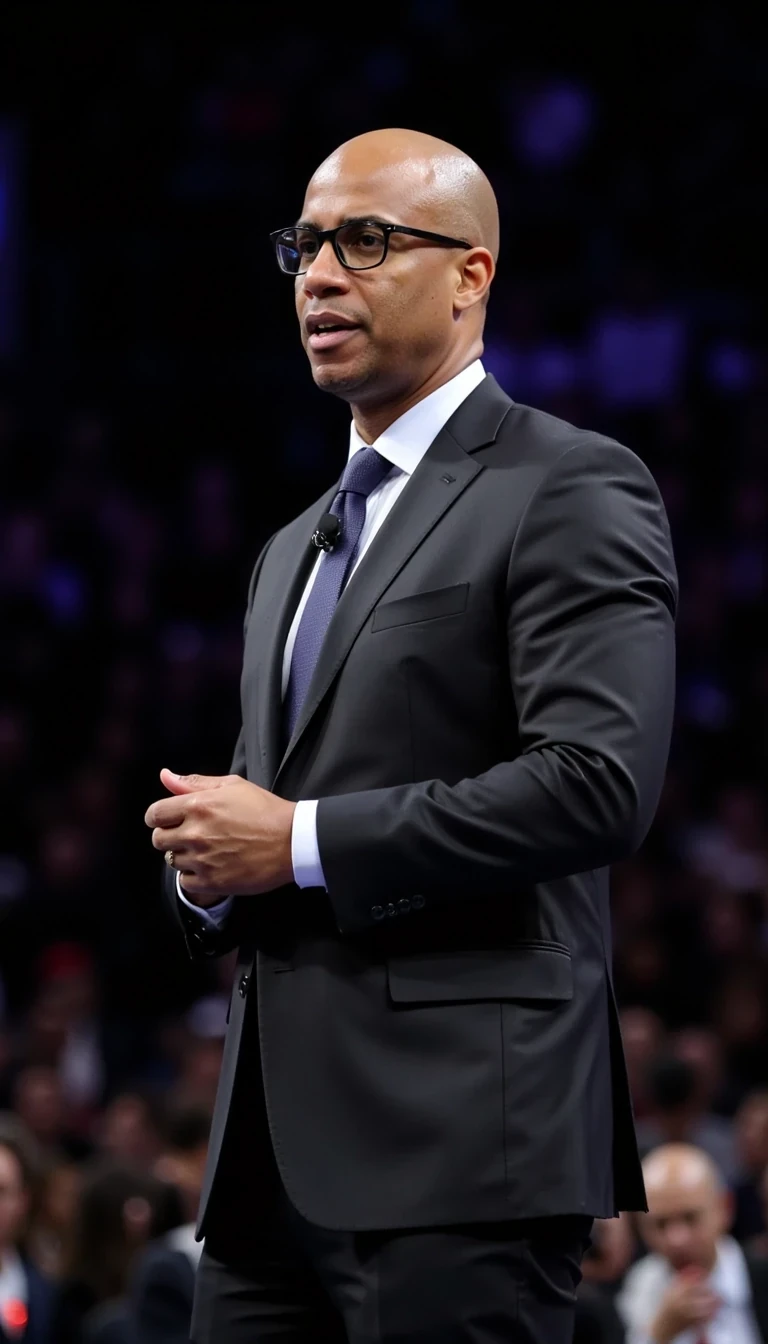 iPhone Photorealistic Full body image. make him more realistic and similar. Powerful CEO, He is wearing a suit and modern ray ban reading glasses . Slim but lightly muscular build. He is looking beyond and to the side of the camera , as if the paparazzi is shooting him while he is standing behind a podium speaking to a packed arena. He looks like a confident stud, CSTMDL, Face of Carter and bald head
