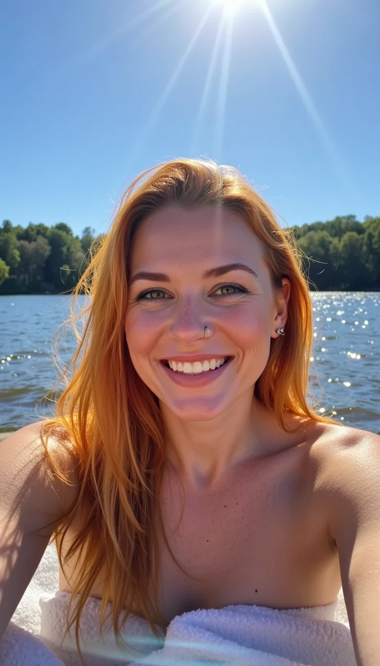 A low quality snapchat selfie photo CSTMDL reddish hair with sun-kissed skin lying flat but playfully on a towel by the lake, wearing only her bikini bottoms. Her reddish hair glows in the sunlight, slightly tousled by the breeze. She’s smiling with a teasing, confident look — carefree and full of summer energy. The water sparkles behind her, reflecting the blue sky and lush trees. The atmosphere feels light, warm, and flirty — like a spontaneous lakeside escape captured in perfect golden-hour lighting.