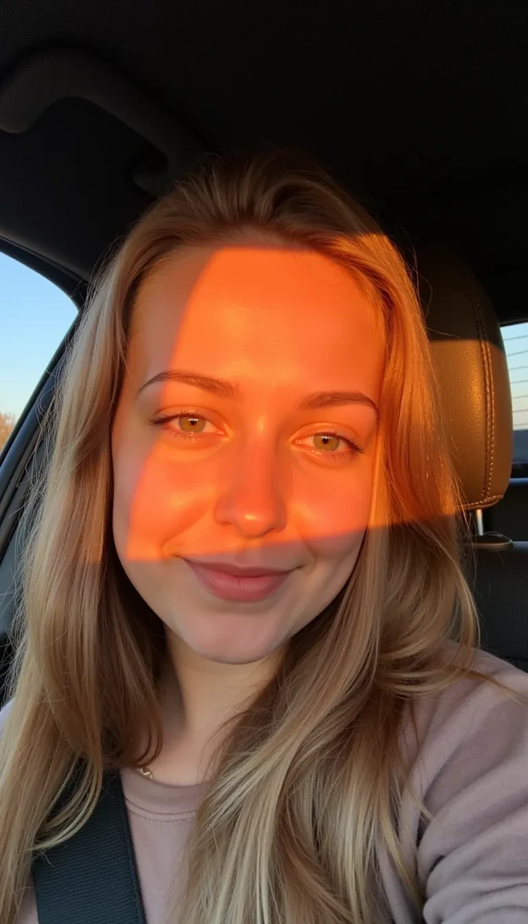 AI image prompt: boring low quality snapchat photo circa 2015, cute girl, soft light brown hair, selfie in a car, The light from the setting sun gives a soft orange glow across her face and upper body, casting long shadows