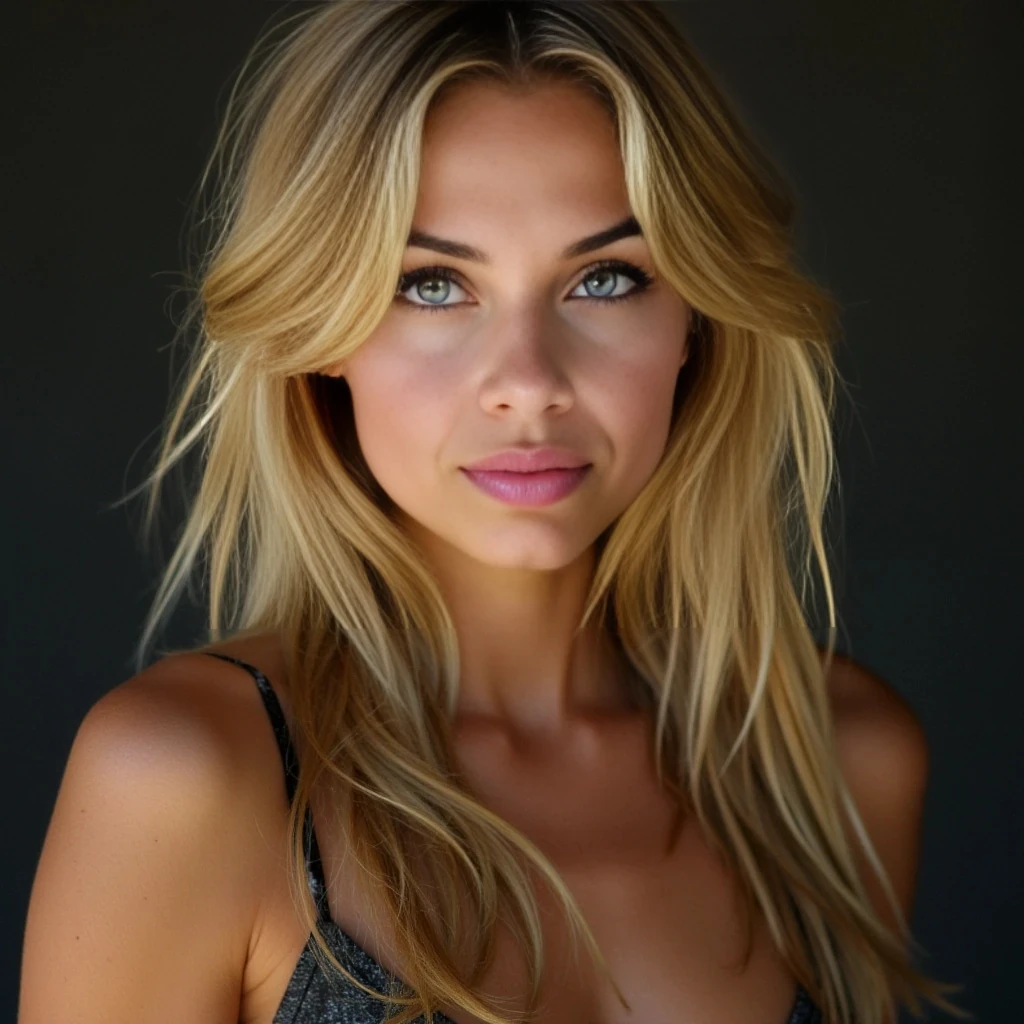 A stunning young blonde woman in her early 20s with long, slightly tousled golden hair and glowing, fair skin. Her blue-green eyes are piercing and expressive — intelligent with a mysterious, seductive gaze. She has full, soft lips often curved in a subtle, knowing smirk. Her face is symmetrical and refined, with soft glam makeup that enhances her natural beauty. She exudes quiet confidence and allure.

Her body is curvy and toned, with a defined hourglass shape — full bust, cinched waist, and round hips. Smooth skin, long legs, and feminine posture. She stands or poses with a mix of elegance and sensuality: poised yet provocative, always just out of reach. Her presence feels powerful but intimate, like a secret shared in silence.

